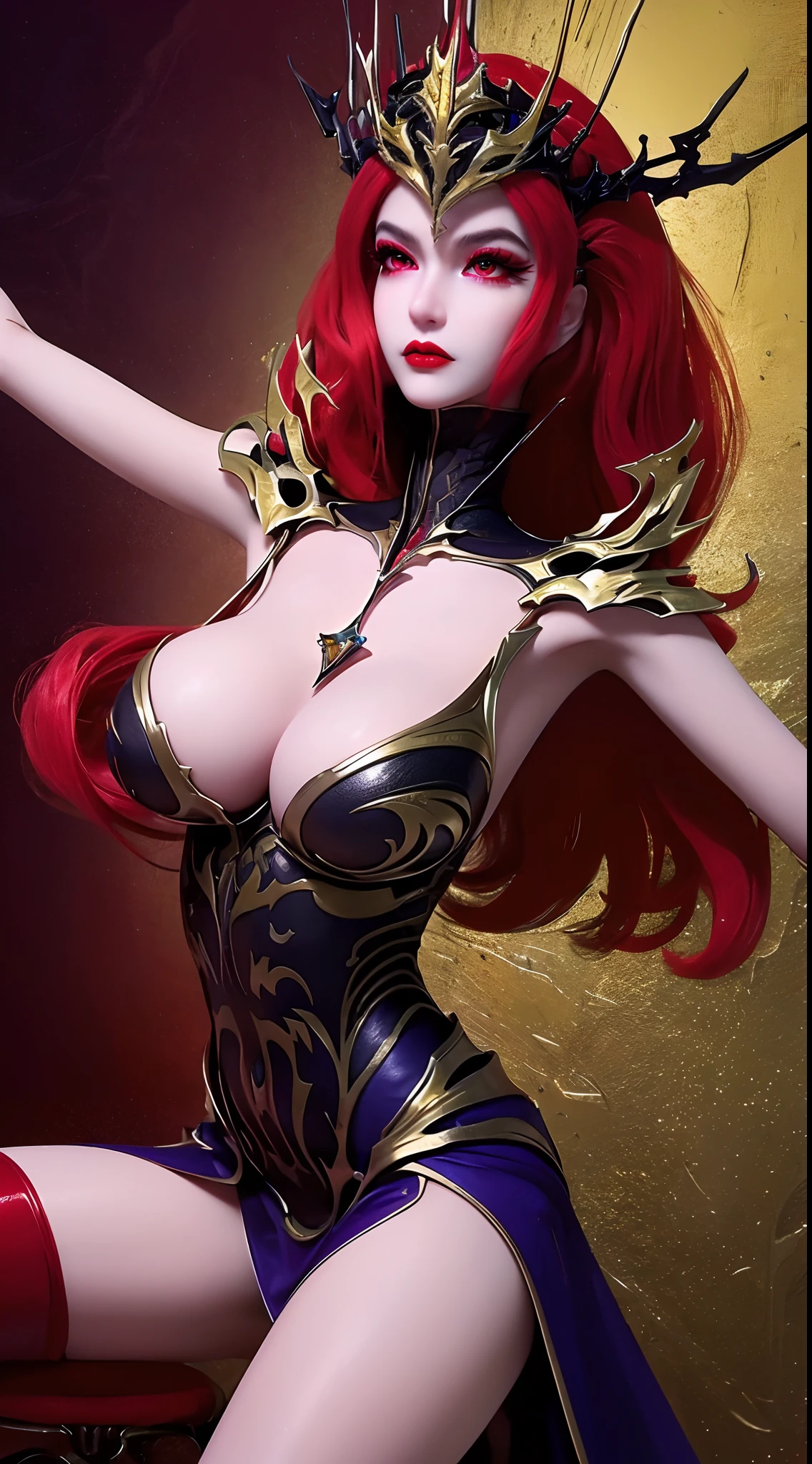 1 beautiful and sexy 20 year old girl, ((wearing traditional Hanfu armor with main colors purple and red:1)), not wearing pants, sexy hanfu style, ((long red hair:1.7)), jewelry elaborately made from precious stones and beautiful hair, ((wearing a 24k gold lace necklace:1.4)), the noble, noble style of an extremely beautiful girl, her small face is super cute, her face is very pretty, thin eyebrows, flawless beautiful face, ((black eye pupils: 0.8)), very beautiful eyes, ((light red eyes: 1)), (((big round eyes:1.6))), nice makeup and hair detailed eyelashes, steamy eye makeup, high nose, earrings, red lips, ((closed mouth: 1.5)) beautiful lips, slim hands, most beautiful thighs, ((arms spread out to the sides: 1.5)), rosy face, clean face, flawless beautiful face, smooth white skin, (big breasts: 1.5)), tight breasts, beautiful cleavage, (((big breasts and super round: 1.8))), beautiful breasts, perfect body, ((put girl's arms behind her back:1.6)), chest out, sit down on the bed, ((Open your legs:1.5)), not ashamed, 8k photo, super high quality, super realistic, super 10x pixels, optical, bright studio, bright edges, dual-tone lighting, (high-detail skin:1.2), super 8k, soft lighting, high quality, volumetric lighting, photorealistic, photorealistic high resolution, lighting, best photo, 4k, 8k quality, smooth sharp, 10x pixel, ((royal villa background:1.5)), aurora, lightning, super graphics realistic, most realistic graphics, 1 girl, alone, solo, Extremely sharp image, surreal, ((portrait:1.5))."