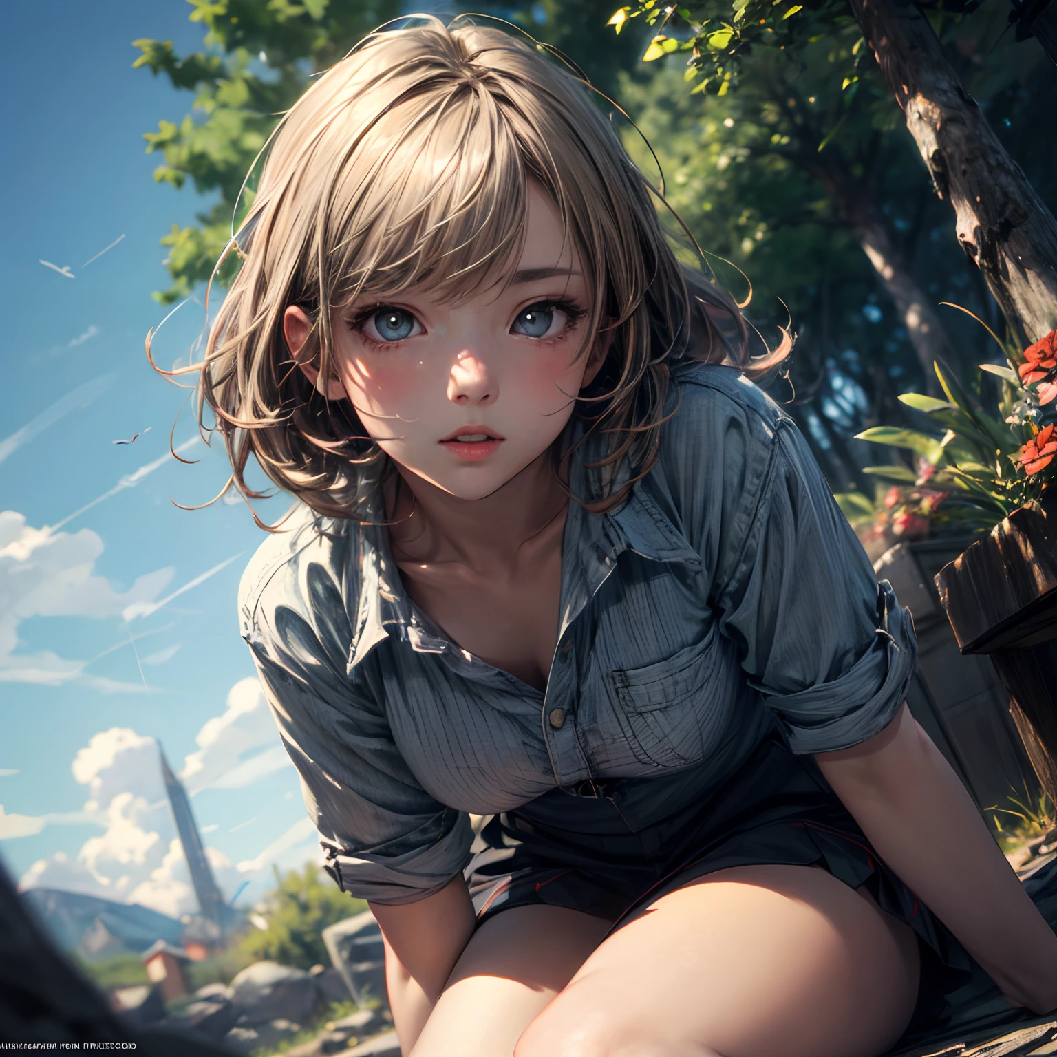 (masterpiece), best quality, expressive eyes, perfect face, Marcille Donato, dominant, from_below, smug, FFA, from below, leg up, sole, feet, looking at viewer, gym clothes, bloomers, baggy shirt
