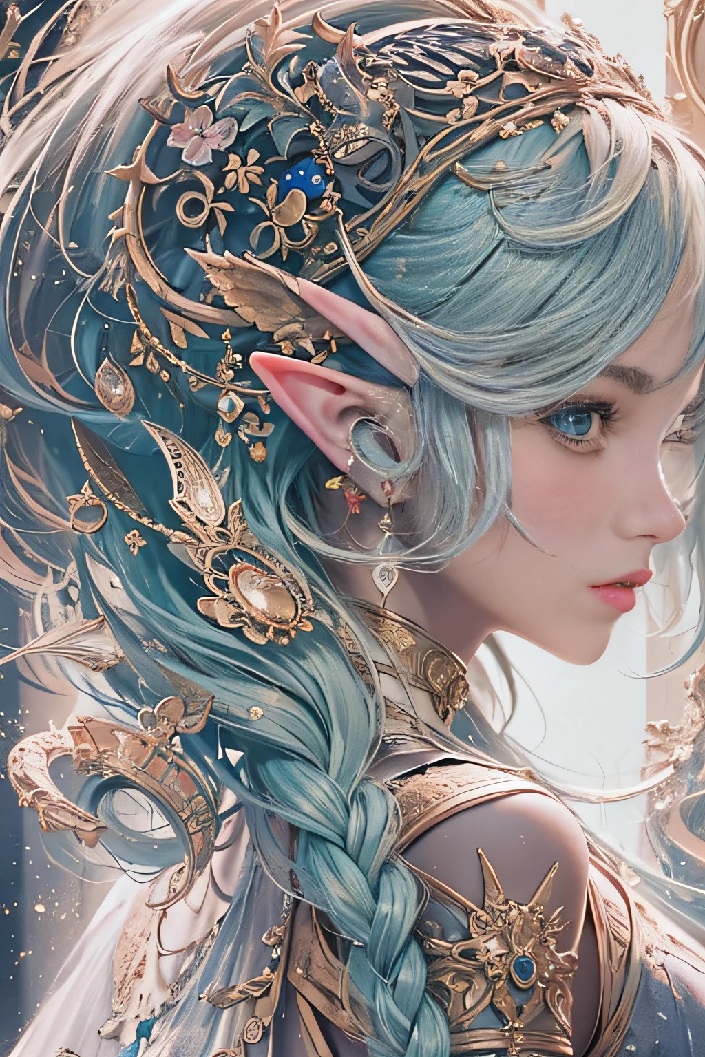 (Masterpiece, Top quality, Best quality, offcial art, Beautiful and aesthetic:1.2), (1 Elf Girl), Extremely detailed, Invisible long hair, (Fractal art:1.3),Colorful, Cinematic lighting,Convert to hand-drawn style