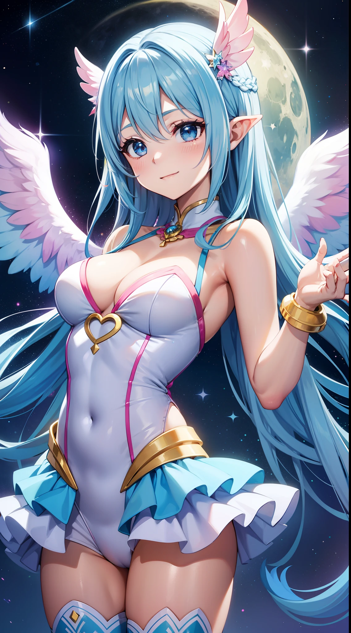 Super Idol　a beauty girl　A charming smile　sky blue hair　length hair　Twin-tailed　Glittery bright pink and white and blue and yellow leotards　facing front　7 colors of angel great wings on the back　Mystical　Fantasia　constellation　a moon　Crystal Brilliance　Aurora Borealis in the Night Sky