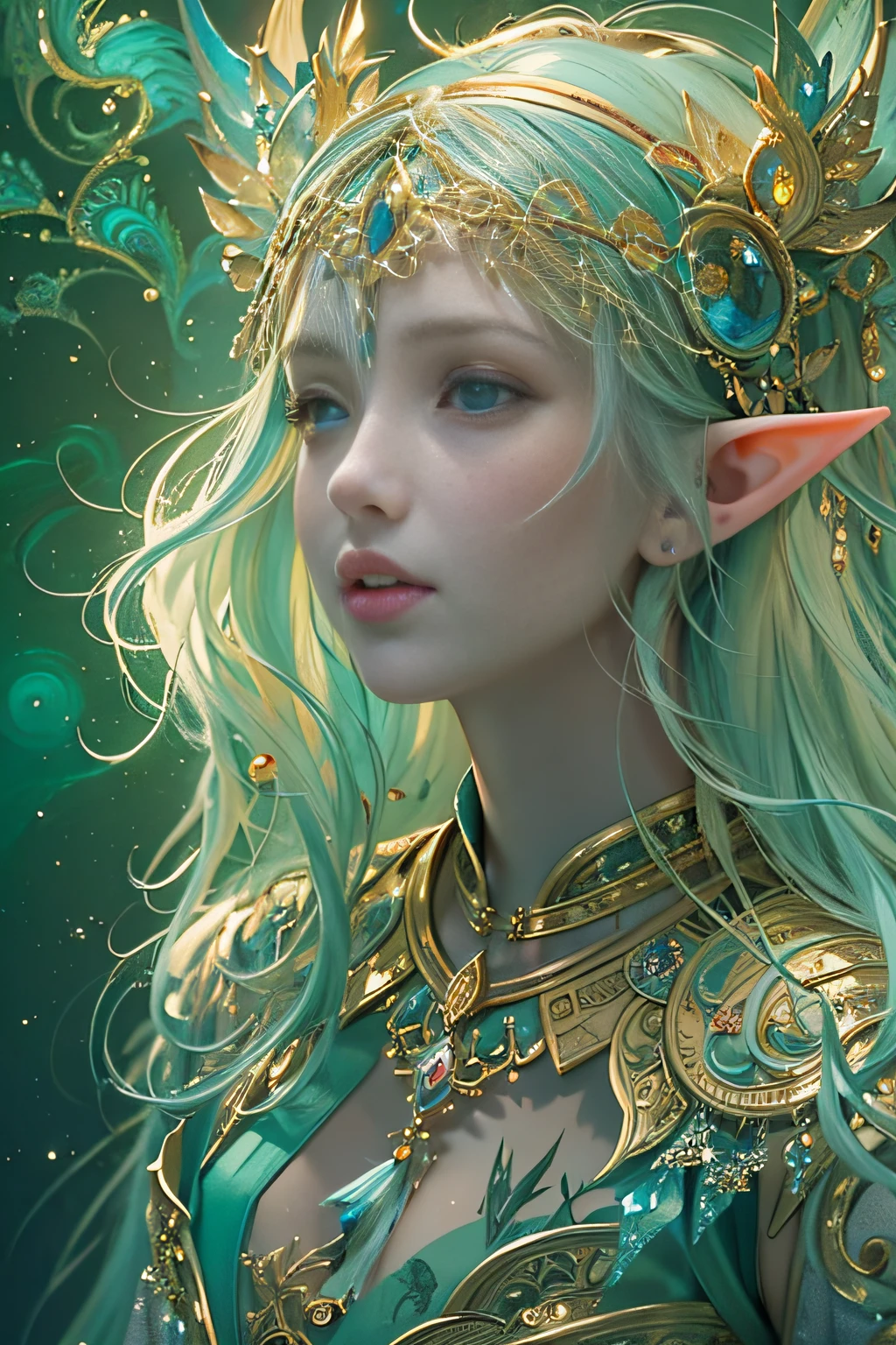 (Masterpiece, Top quality, Best quality, offcial art, Beautiful and aesthetic:1.2), (1 Elf Girl), Extremely detailed, Invisible long hair, (Fractal art:1.3),Colorful, Cinematic lighting,Convert to hand-drawn style
