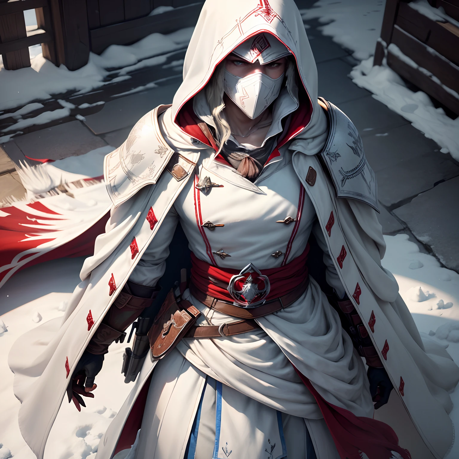 (High detail CG,The ultra-realistice,detail-rich),assassins creed,snowy day,White cloak,Full face mask,Expose your eyes,Red and blue eyes,hidden blade,Red magic,