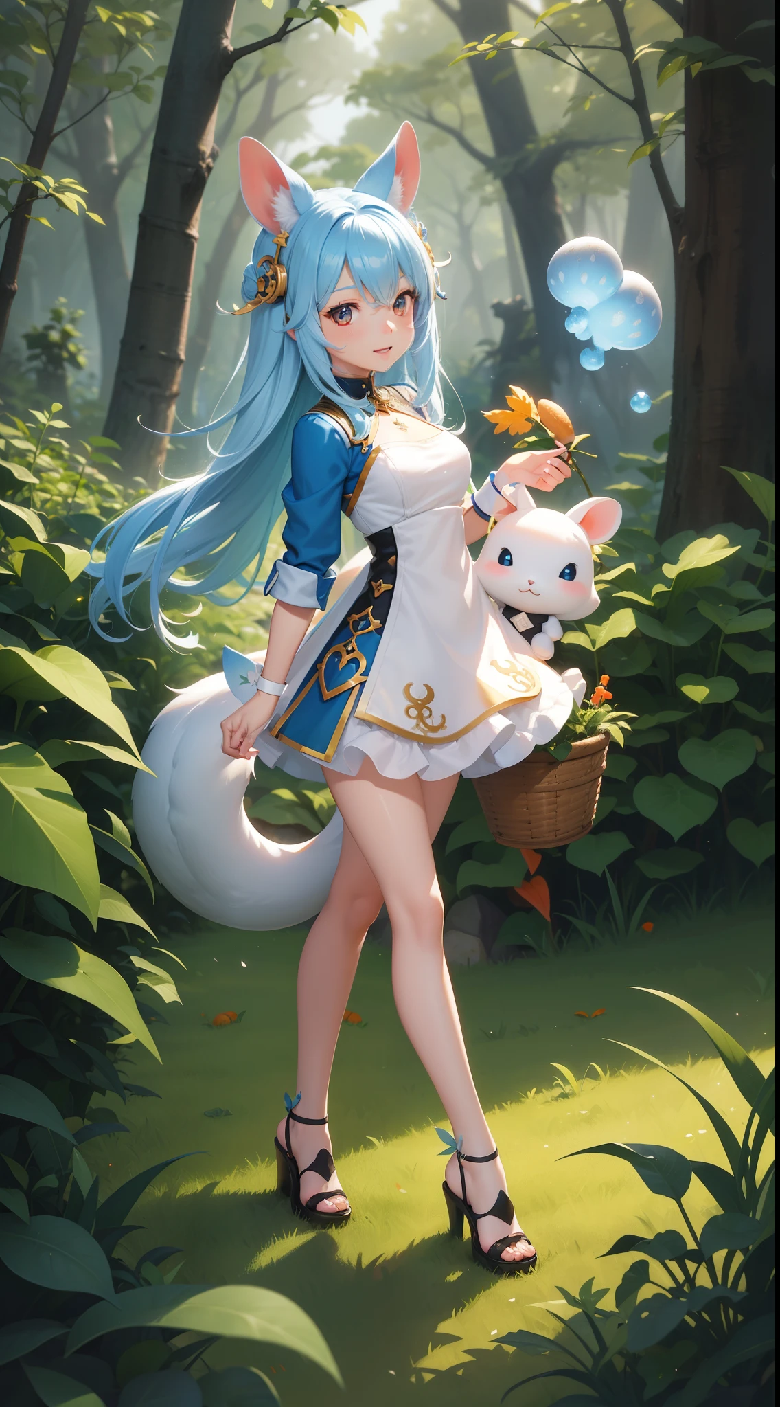White rabbit with carrots and ears, long white ears、I was with a girl with long blue hair and chibi figures。It is a lovely white and blue costume。Dark eyes。cute forest creature, Cute mushrooms also grow、lovely digital painting, Cute detailed digital art, the squirrel king, adorable digital art, Cute cartoon characters, cute character, adorable creature, cas, Official illustration, offcial art, squirrels, maplestory mouse, astri lohne, Cute 3d render