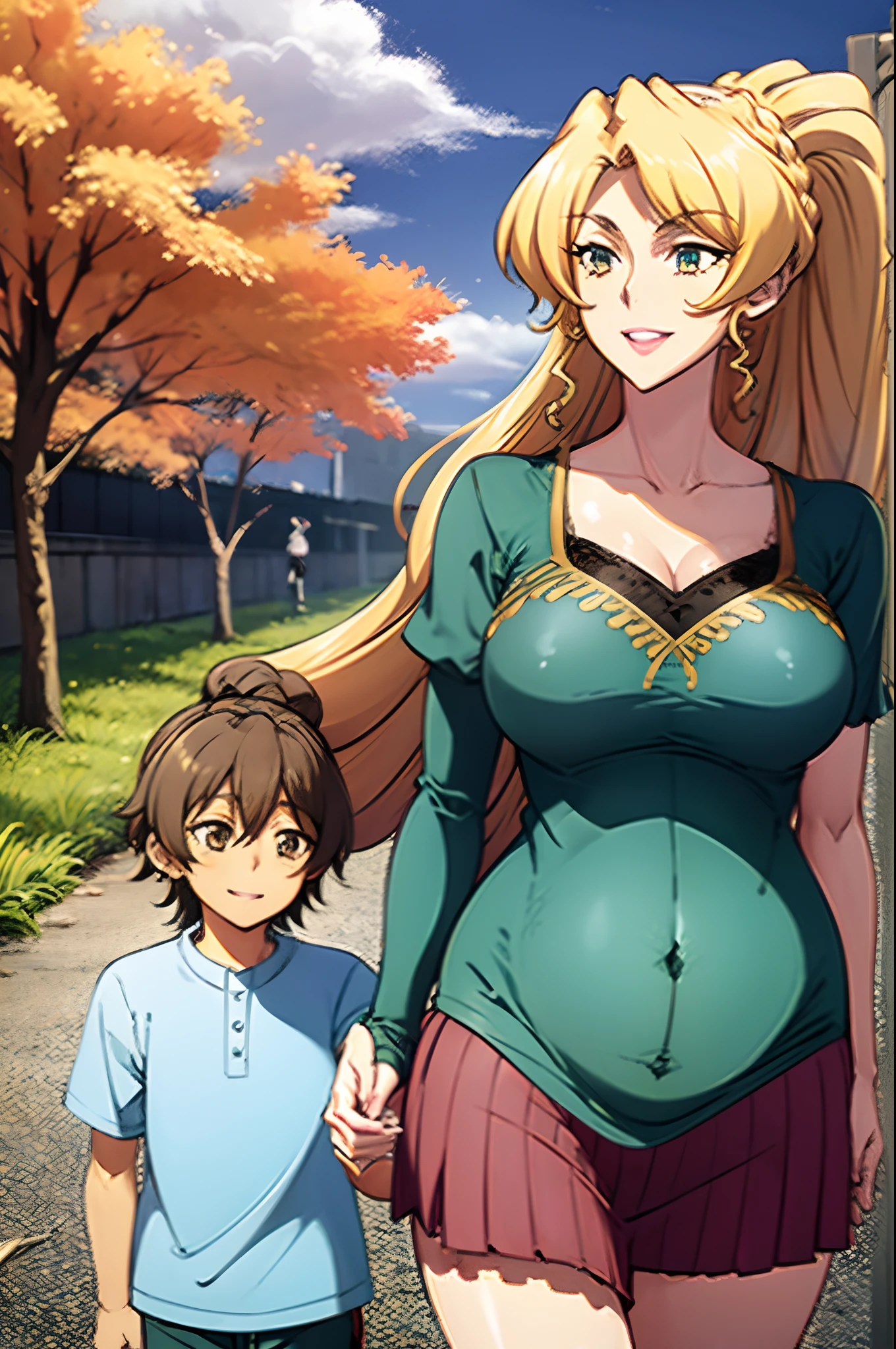 masterpiece, best quality, 1girl, alicetaria,blonde hair, l, mother and son , mom and shota, long hair, ponytail, blue eyes, blue shirt, pleated skirt, solo, simple background, bikini, beach, , alicetaria and son, motherly, walking, family, mother and child,boy, smile ,Pregnant, tall woman, brown hair boy,