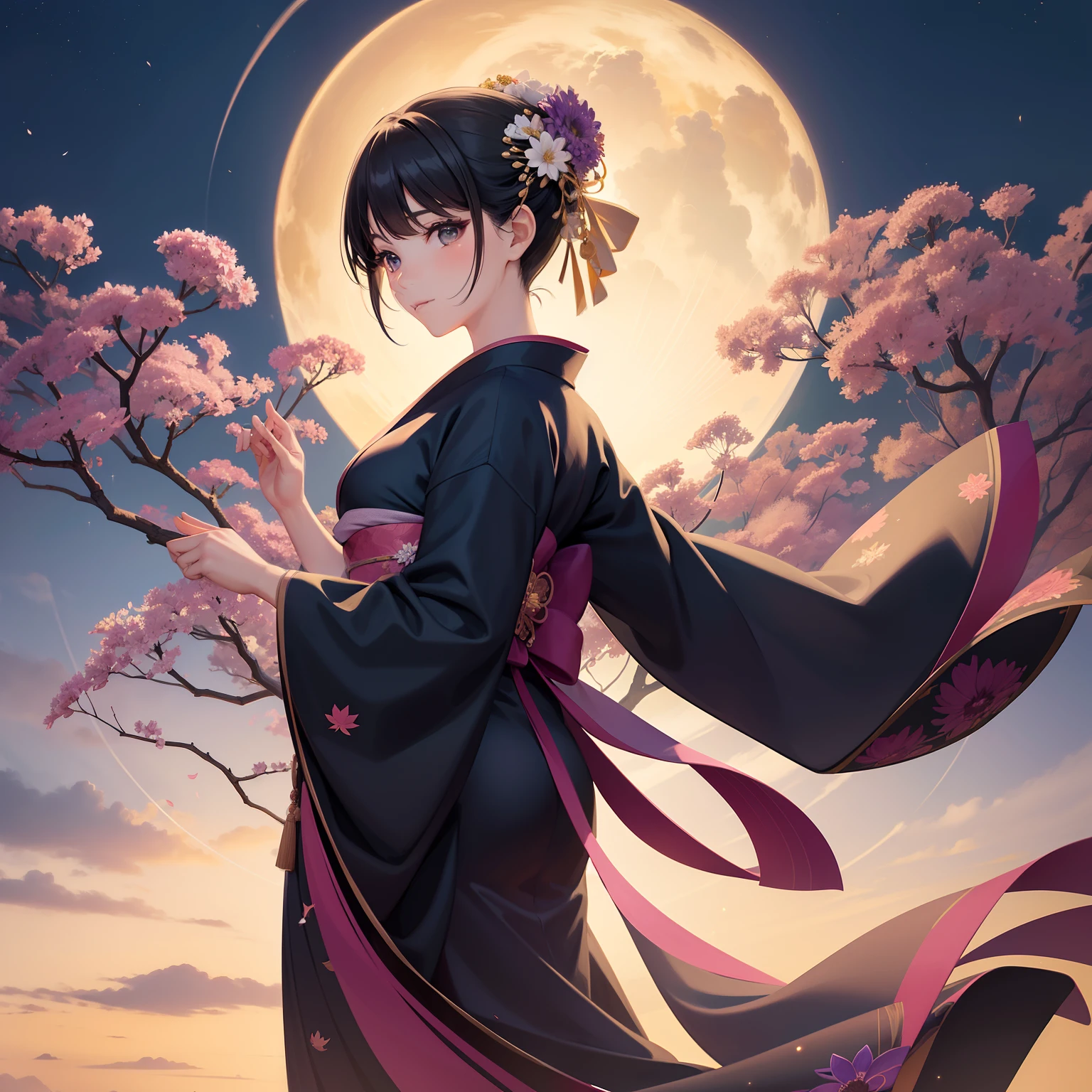 In the ethereal glow of September twilight, Woman in elegant kimono standing alone. The Language of Flowers in September, aster, Weaving a love story, Patience, And around her there is a mysterious charm. Her bright kimono, It will sparkle with a dense design of autumn flowers, Reflects this symbolism. Her figure, Lonely silhouette on dreamy background, Invoking inspirational charm. The surrounding landscape is、Dancing Maple Leaf Spectrum Ballet, Emphasizes the quiet beauty of her melancholic gaze. It is as if she is the living embodiment of asters - a seductive fusion of beauty, grace, And intriguing charm, Resonate harmoniously with the enchanting twilight.