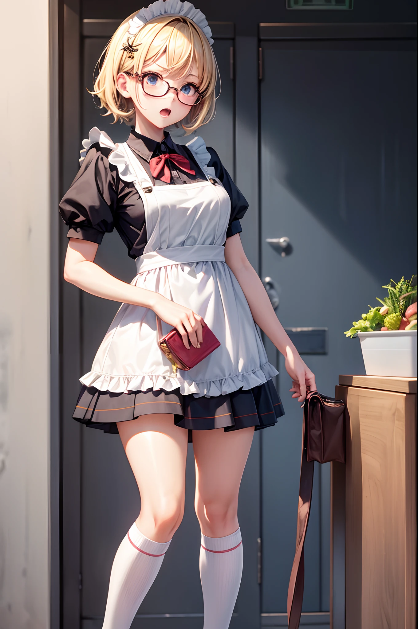 maid uniform, Hand over the bag containing your lunch., Location: School Clog Box, blush, Describing up to the knee, Wear black knee-high socks that go all the way up to the thigh., blonde hair, hair behind ear, short hair, expressive hair, over-rim eyewear, x hair ornament, open mouth, angry, Hand over the lunch box with both hands, Describes the background extensively, anime style, anime, best quality, super detail, textured skin, UHD, 16k, 4K