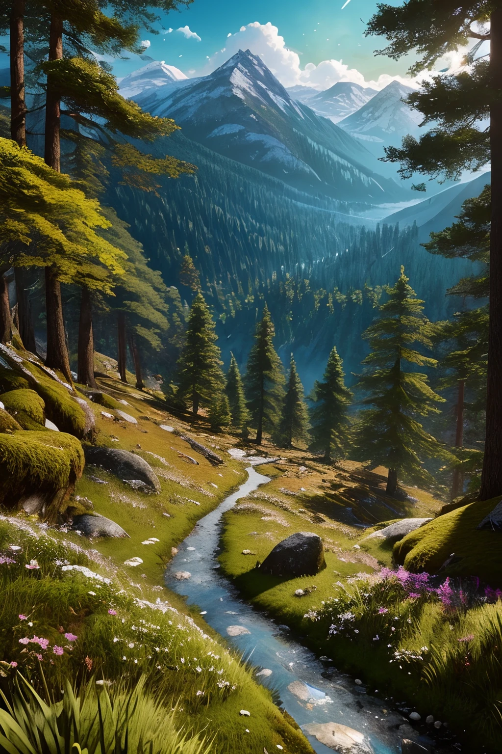 Beautiful serene steep mountain, majestic, landscape, highly detailed, | Psychedelic, (forest background)),mossy Isometric, epic Instagram, artstation, Dripping Abstract Paint, splash style of colorful paint, contour, hyperdetailed intricately detailed , Vibrant Colors, unreal engine, fantastical, intricate detail, splash screen, complementary colors, fantasy concept