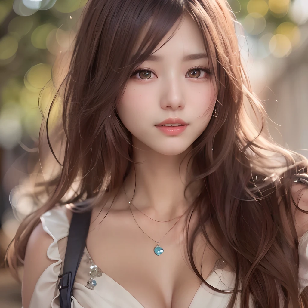 (64k, RAW photo, best quality, masterpiece:1.4), (realistic, photo-realistic:1.3), (20 years old), (1girl:1.5), (medium breasts), show cleavage, Luxurious dresses,  (Insanely intricate cute face and eyes), ((face shot:1.2)), especially strong light, (upper eyes), shiny skin, (dark brown hair, semi-long cut:1.2), (flash:1.2), ((seductive posture:1.2, attractive:1.2)), ((good anatomy: 1.2)), perfect face:1.2, portrait, cowboy shot, close up:1.3, (charming smile), makeup, lipgloss, blush cheeks, Detailed teeth, Detailed mouth, a necklace, piercings, Bracelet, break, (in the park)