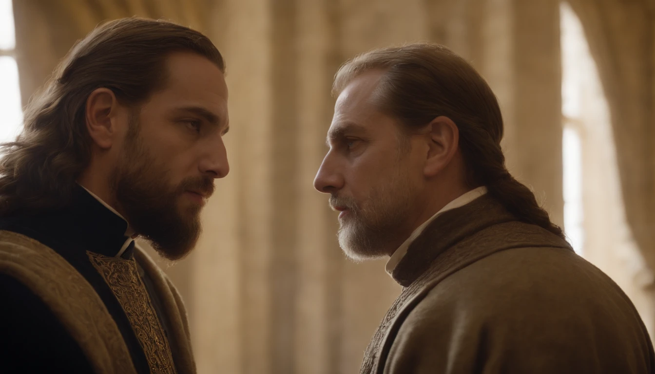 "Within the royal chambers, David faces the stern Prophet Nathan, who delivers a divine message of retribution for his transgressions. The tension in the room is palpable as David grapples with the weight of his actions and seeks forgiveness."