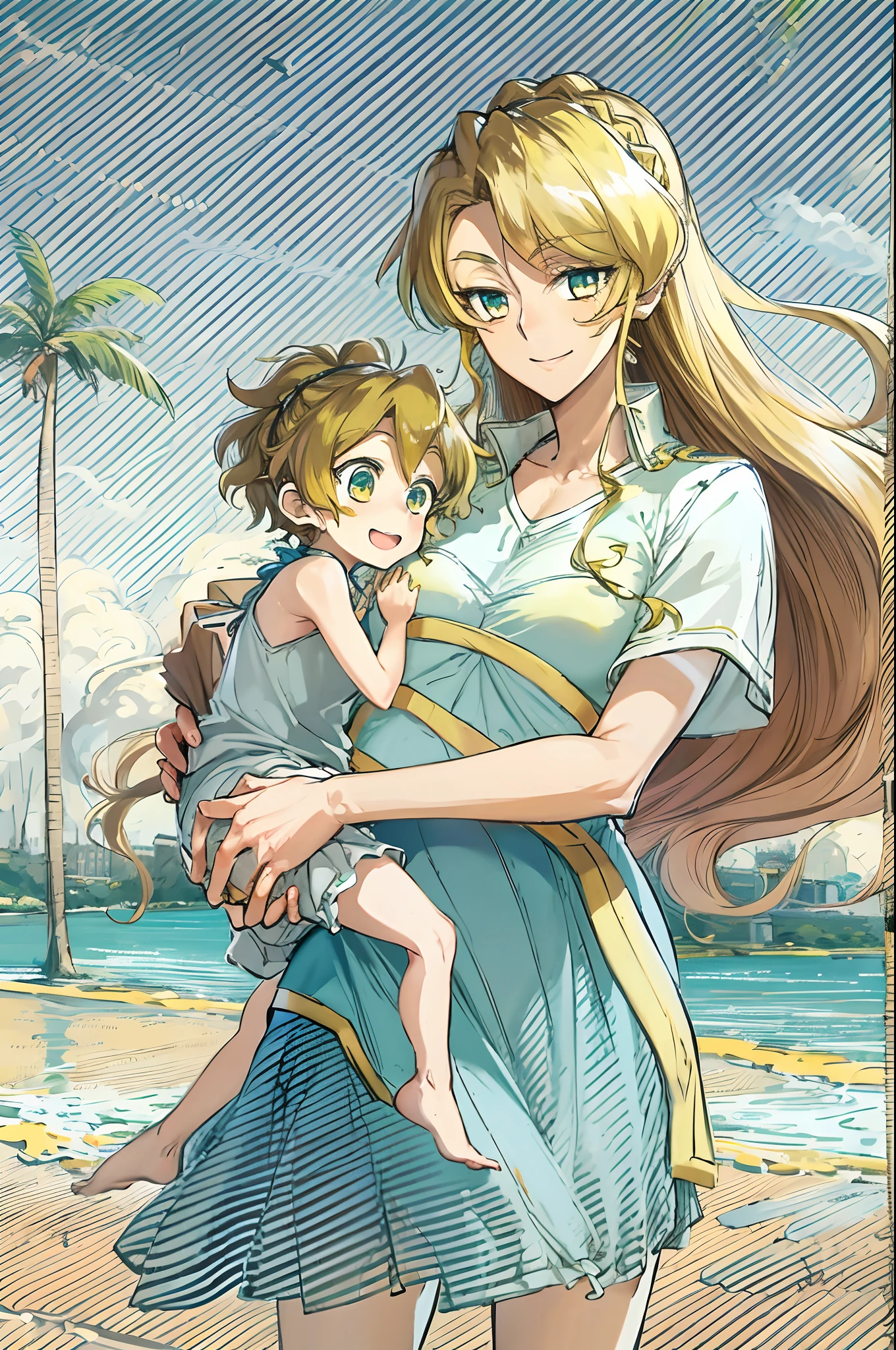 masterpiece, best quality, 1girl, alicetaria,blonde hair, l, mother and son , mom and shota, long hair, ponytail, blue eyes, blue shirt, pleated skirt, solo, simple background, bikini, beach, , alicetaria and son, motherly, walking, family, mother and child,boy, smile ,Pregnant, tall woman, brown hair boy,