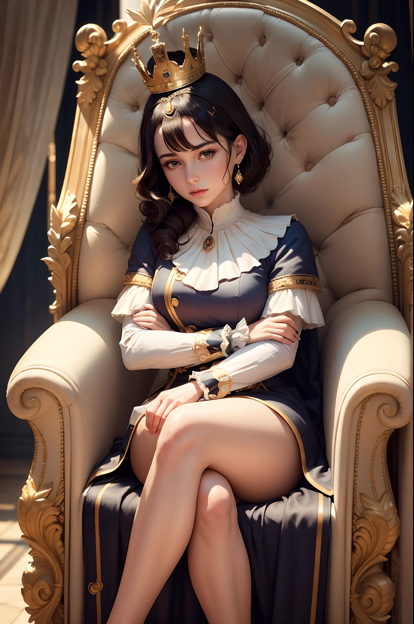 Masterpice, high quality, 8k quality, 1 lady, young Queen Elizabeth 2, Queen of United Kingdom, wearing royal uniform with her crown of Dimond sitting on royal throne, cloth cover all her body included her legs,the royal uniform cover all body including her legs, beautiful face, short black hair, the best photo for the queen of United Kingdom, the best look for Queen in her young age (30 years), Beckenham Place as background and United Kingdom flag