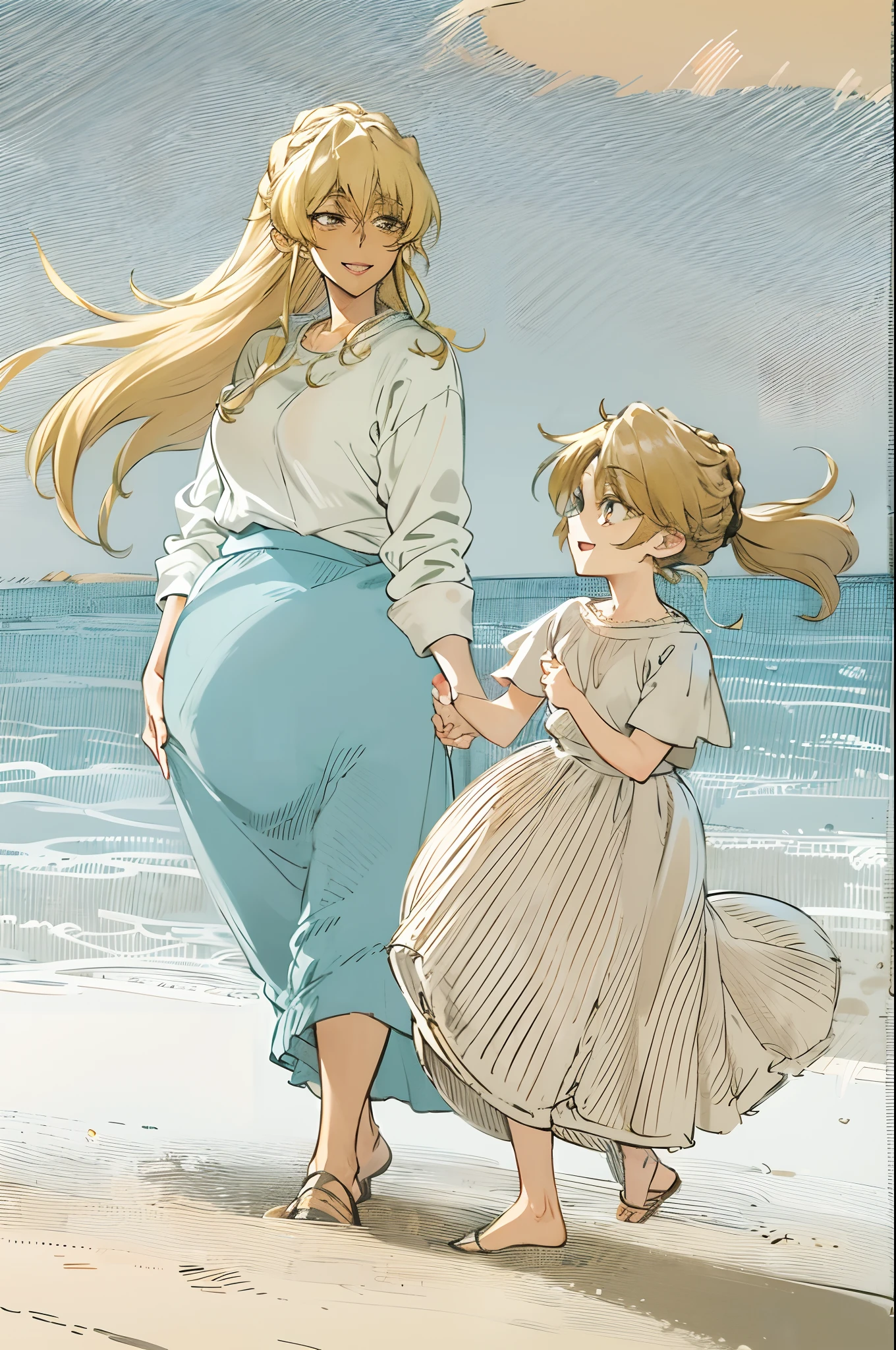 masterpiece, best quality, 1girl, alicetaria,blonde hair, l, mother and son , mom and shota, long hair, ponytail, blue eyes, blue shirt, pleated skirt, solo, simple background, bikini, beach, , alicetaria and son, motherly, walking, family, mother and child,boy, smile ,Pregnant, tall woman, brown hair boy,