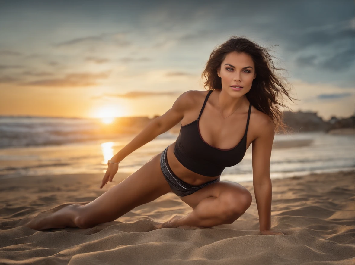 A brunette fitness female around 20 years old with tight black shorts and a small bikini top, small breasts, hazel eyes, photorealistic, beach scene