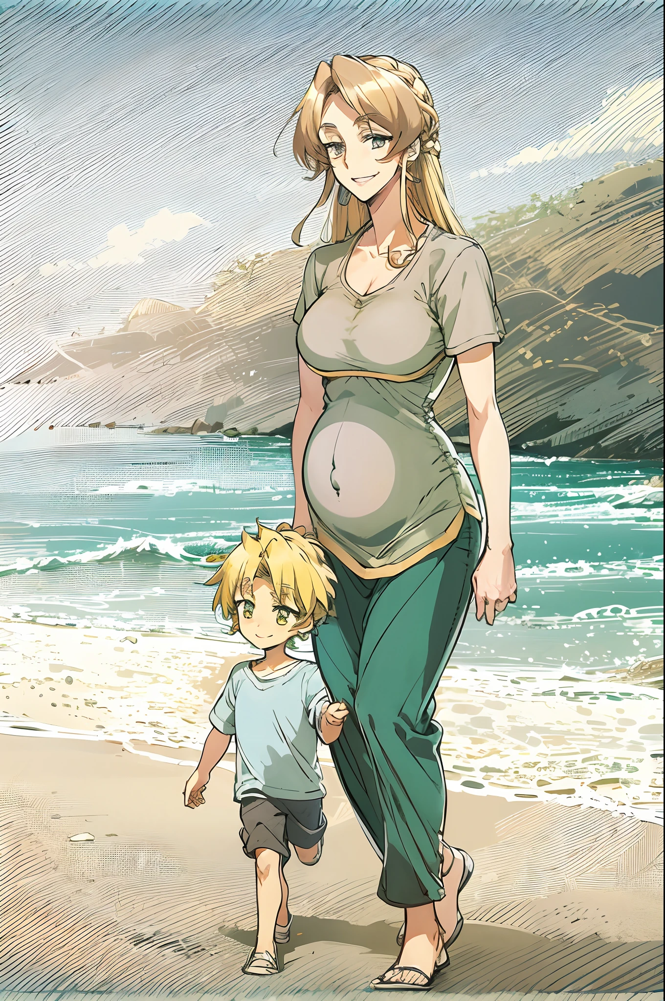 masterpiece, best quality, 1girl, alicetaria,blonde hair, l, mother and son , mom and shota, long hair, ponytail, blue eyes, blue shirt, pleated skirt, solo, simple background, bikini, beach, , alicetaria and son, motherly, walking, family, mother and child,boy, smile ,Pregnant, tall woman, brown hair boy,