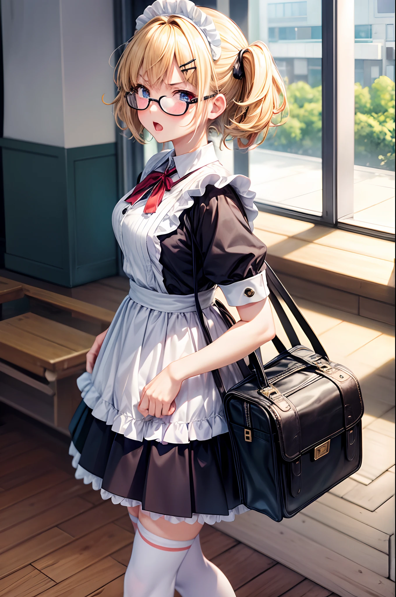 maid uniform, Hand over the bag containing your lunch., Location: School Clog Box, blush, Describing up to the knee, Wear black knee-high socks that go all the way up to the thigh., blonde hair, hair behind ear, short hair, expressive hair, over-rim eyewear, x hair ornament, open mouth, angry, Hand over the lunch box with both hands, Describes the background extensively, anime style, anime, best quality, super detail, textured skin, UHD, 16k, 4K