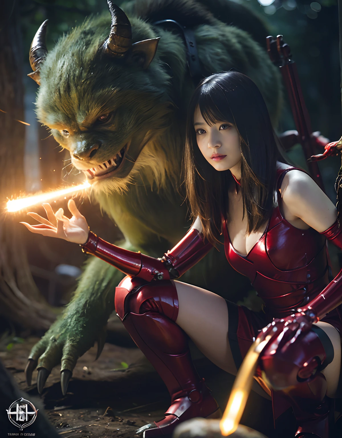 (1 Mechanical Girl)、top-quality、masterpiece、超A high resolution、(Photorealsitic:1.4)、Raw photo、女の子1人、Fight mutants、glowy skin、(((1 Mechanical Girl)))、With a beautiful knife、(Yellow Metal Bodysuit)、(Kobold、ogre、Fierce battle with orcs),(Fight fiercely against aliens)、Fight fiercely、(beautiful forest background)、(Fighting Demonic Beasts)、(Small LED)、((super realistic details))、portlate、(Strong giant demon beast background),globalillumination、Shadow、octan render、8K、ultrasharp、Colossal tits、Raw skin is exposed in cleavage、metals、Details of complex ornaments、Japan details、highly intricate detail、Realistic light、(Mystical expression),CGSoation Trends、Red Eyes、radiant eyes、Facing the camera、neon details、(Mechanical limbs)、(blood vessels connected to tubes)、Mechanical vertebrae attached to the back、mechanical cervical attaching to neck、(Wires and cables connecting to the head)、Gundam、Small LED、,Mechanical thighs、Toostock、(Hands are also made of machines)、(Attack of the Monster Beasts)、(Wounded in a deadly battle)、