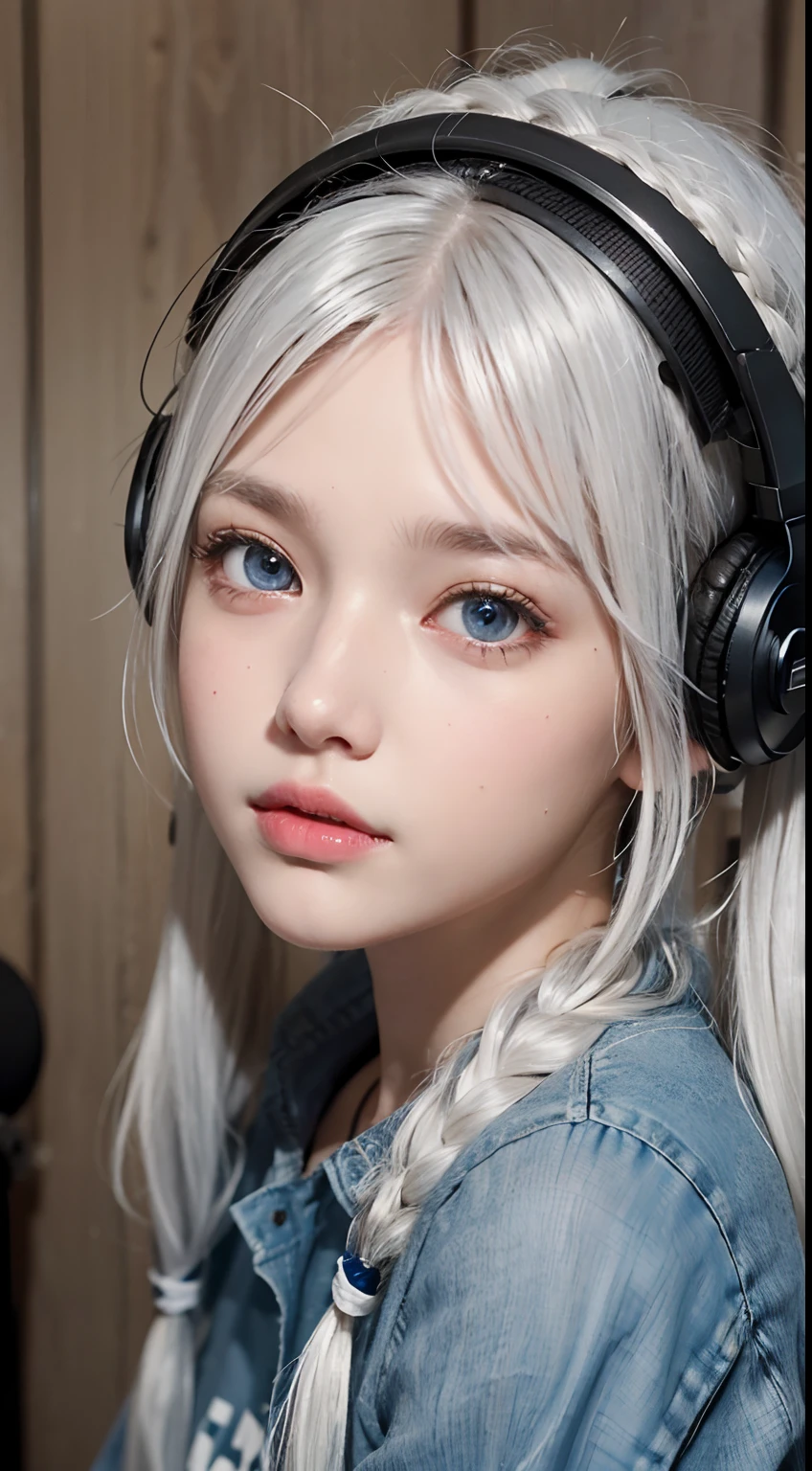 Teenage female, cute face, pigtails hair with white hair, light silver hair, blue left eye, brown right eye, heterochromia eyes, doing recording song in studio