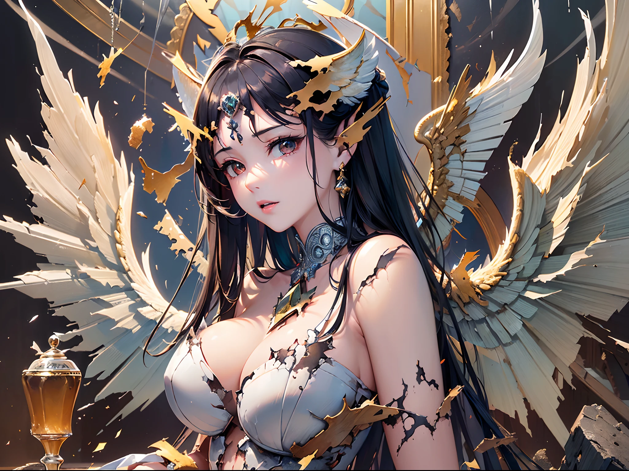 ((Finest quality)),(超A high resolution),(ultra-detailliert),(Meticulous portrayal),((Best CG)),(Finest works of art),Ultra-Precision Art,The art of astounding depiction, ((Angel with broken wings:1.5)),sadness:1.3, Hellfire:1.5,Burning clouds:1.5