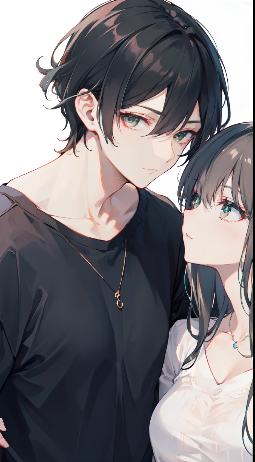 "4K on pure white background: Friendly mature couple. Man with black hair and dark eyes, Eta、Woman with elegantly tied brown hair and attractive green eyes，The woman wore a white shirt."