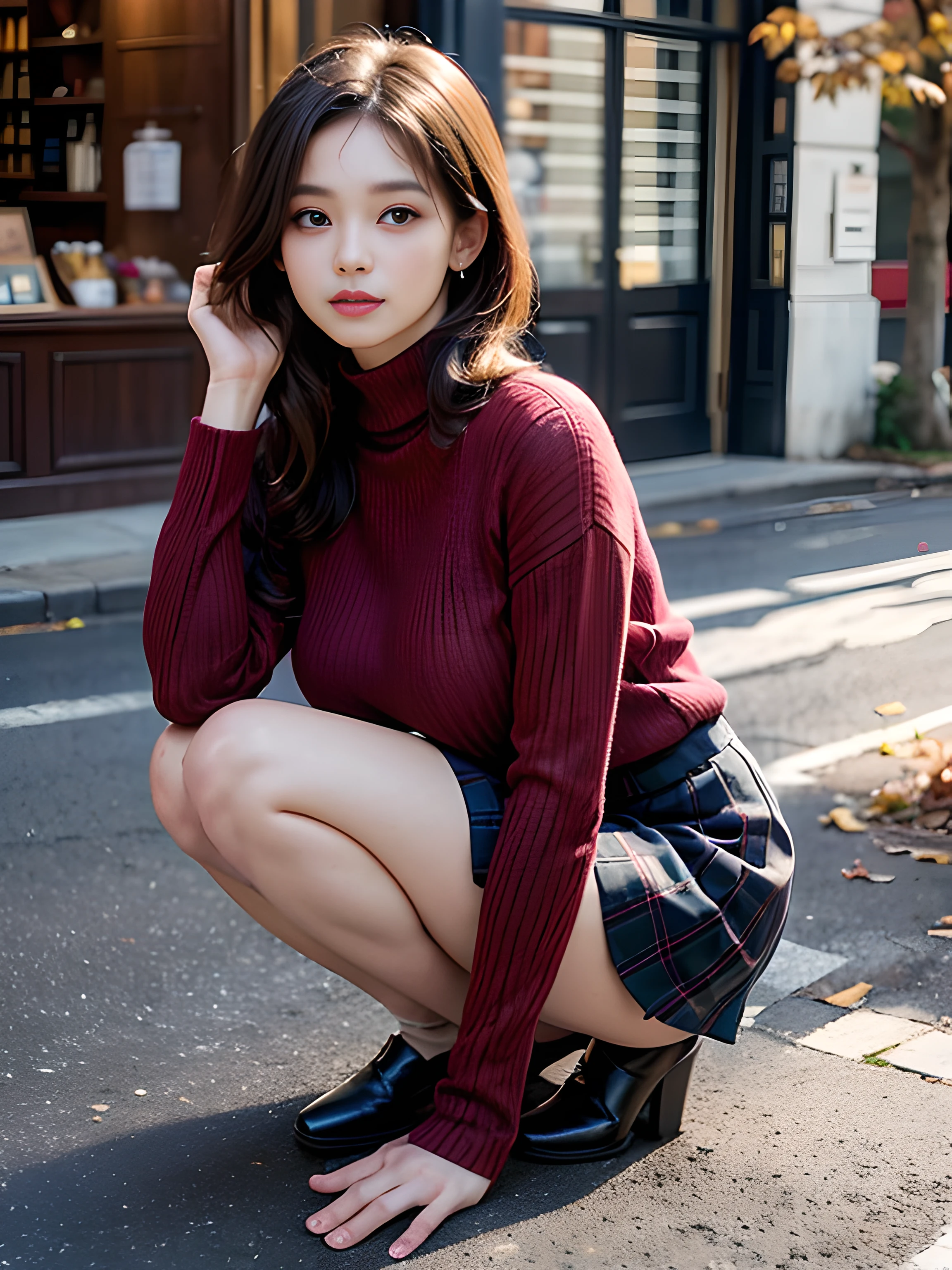 (8K high image quality), (top-quality), (RAW image quality),(masutepiece:1.2), (Realistic), (Photorealistic:1.37), Goose egg face,largeeyes,long eyelasher,Exquisite(Live-action realistic style),The Ultimate Face,Photorealistic light and shadow,Clear facial features,milky skin,Fair skin, highdetailskin,Realistic skin details,Visible Pore,(Super Detail),Hair length is random, (Flowing hair),Best portraits,Shot from a short distance, 1-girl, Cute,Beautiful detailed eyes, beautiful detailed nose, highlydetailed skin,Full body ,(eyecontact),(Colossal tits、Breast Abundance)、(Beautiful face with double eyelids),((fullbody image)), (Realism: 1.4),High image quality, excellent details, Ultra-high resolution, (Show your best smile to the audience), , favor details,,delicate and beautiful face,,20yr old,(Beautiful Face 1.4),A slender, (Red long knit sweater with turtleneck:1.2)、(Plaid pleated skirt:1.2),((Do not slip the hem of the sweater inside the skirt、long-sleeve:1.2)),((Scenery with an autumn atmosphere)),Filmed in the city,(It's a full-body shot.),The color of the skirt is random,,Show your smile,Posing like a model,Standing