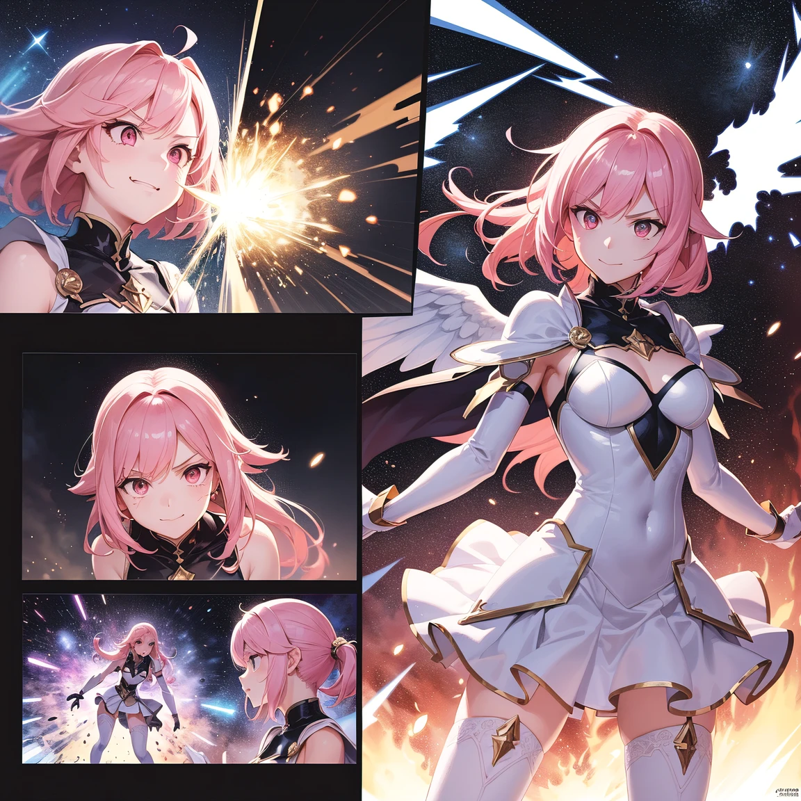 (comic_layout:1.3), (fighting stance:1.2), magical girl, multiple girls, (battle, damaged), face focus, perfect detailed eyes, (sparkle, explosion:1.2), (reflection burst fire), multiple views, growing detailed eyes, angelic eyes, medium hair, brilliant white medium dress, white elbow gloves, luminescence wing hair ornament, skirt, wing brooch, medium breasts, pink hair, pink eyes, pink thigh highs, upper body, sleeveless, (burst into laughter:1.1), disdain, smile, annoyed, (brilliant colorful luminescence effect galaxy background), BREAK (best quality:1.3), (absurd resolution:1.1), (top quality:1.1), masterpiece, high resolution, immensely beautiful, extremely detailed CG, incredibly absurdres, comic