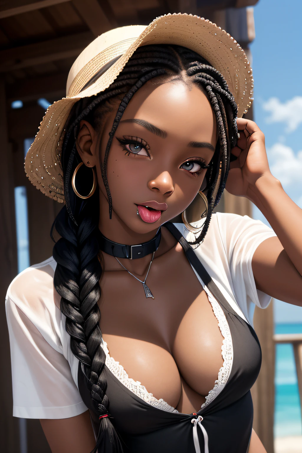 (masterpiece, best quality), deep ebony 1girl, beautiful face, freely hanging braids, cat-tongue out
