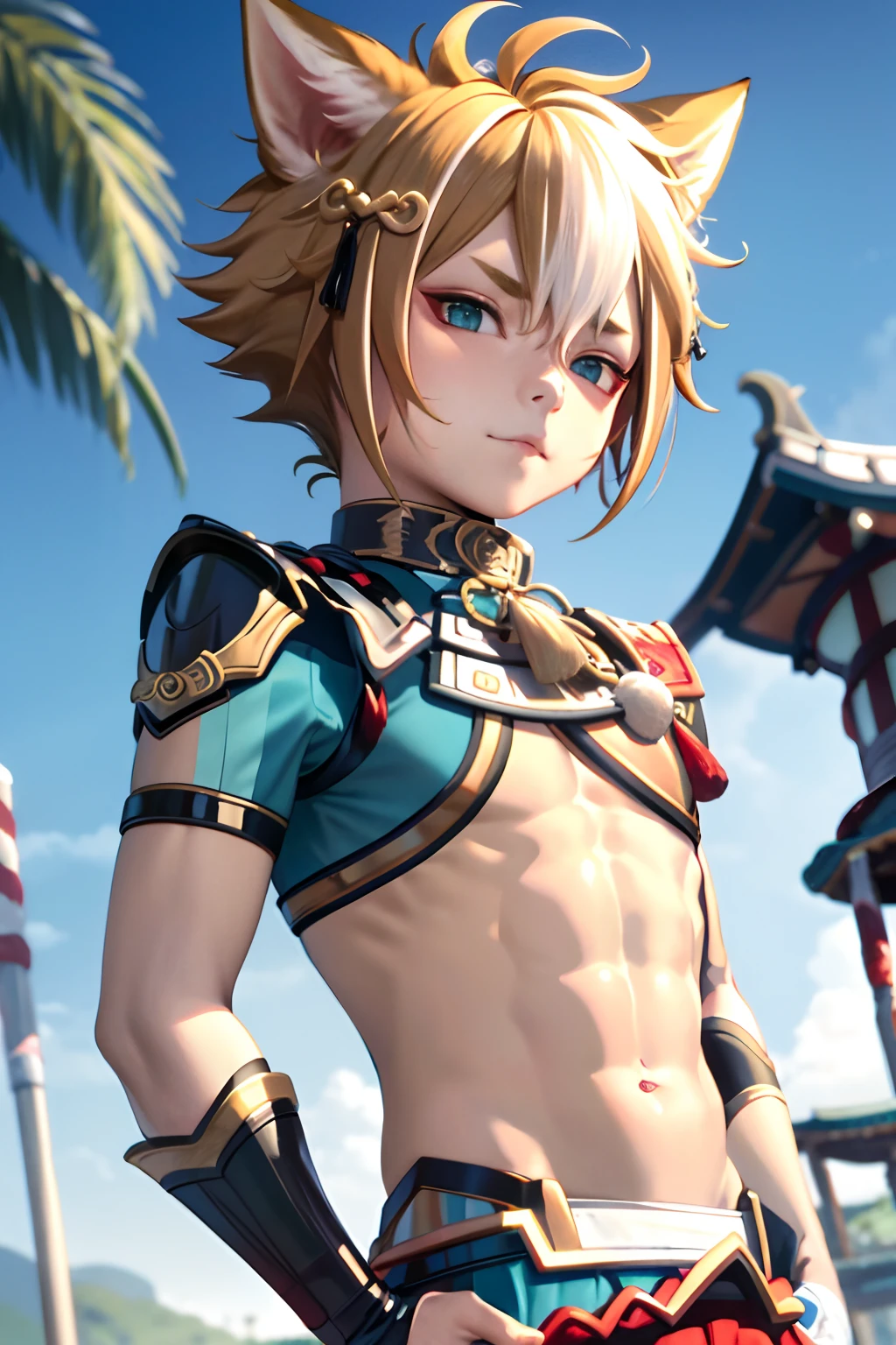 gorou (genshin impact),, 1boy, male focus, animal ears, solo, multicolored hair, brown hair, dog boy, white hair, tassel, dog ears, armor, upper body, streaked hair, bangs,NSFW,small