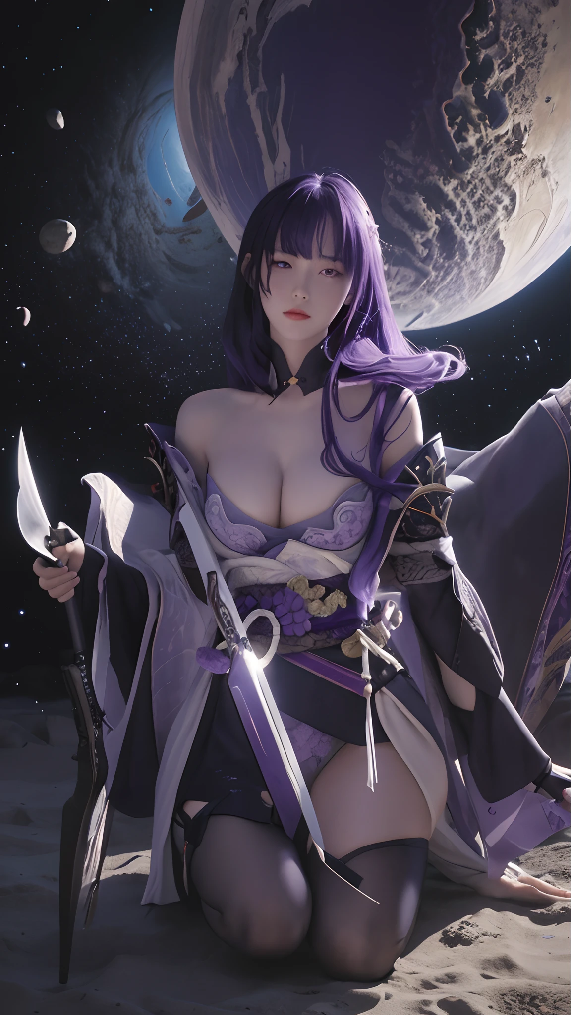 Best quality,Masterpiece,8K wallpaper,absurderes, A high resolution, Ultra detailed, (ung and beautiful girl, Solo:1.1),Solo, Raiden Shogun, Japanese clothes,  Long hair, upper legs, bangs, hair adornments, Breasts, Purple hair,Shoulder armor, obijime, Armor, purple flower, ribbon,Moles under eyes, flower,Island of dreams: A place to fulfill your deepest desires,Anime texture，In space，A knife slashes at the earth
