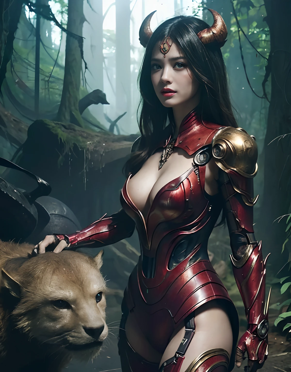 (1 Mechanical Girl)、top-quality、masterpiece、超A high resolution、(Photorealsitic:1.4)、Raw photo、女の子1人、Fight mutants、glowy skin、(((1 Mechanical Girl)))、With a beautiful knife、(Yellow Metal Bodysuit)、(Kobold、ogre、Fierce battle with orcs),(Fight fiercely against aliens)、Precipitous cliffs、(beautiful forest background)、(Fighting Demonic Beasts)、(Small LED)、((super realistic details))、portlate、highly intricate detail、Realistic light、(Mystical expression),CGSoation Trends、(Strong giant demon beast background),globalillumination、Shadow、octan render、8K、ultrasharp、Colossal tits、Raw skin is exposed in cleavage、metals、Details of complex ornaments、Japan details、highly intricate detail、Realistic light、(Mystical expression),CGSoation Trends、Red Eyes、radiant eyes、Facing the camera、neon details、(Mechanical limbs)、(blood vessels connected to tubes)、Mechanical vertebrae attached to the back、mechanical cervical attaching to neck、(Wires and cables connecting to the head)、Gundam、Small LED、,Mechanical thighs、Toostock、(Hands are also made of machines)、(Attack of the Monster Beasts)、