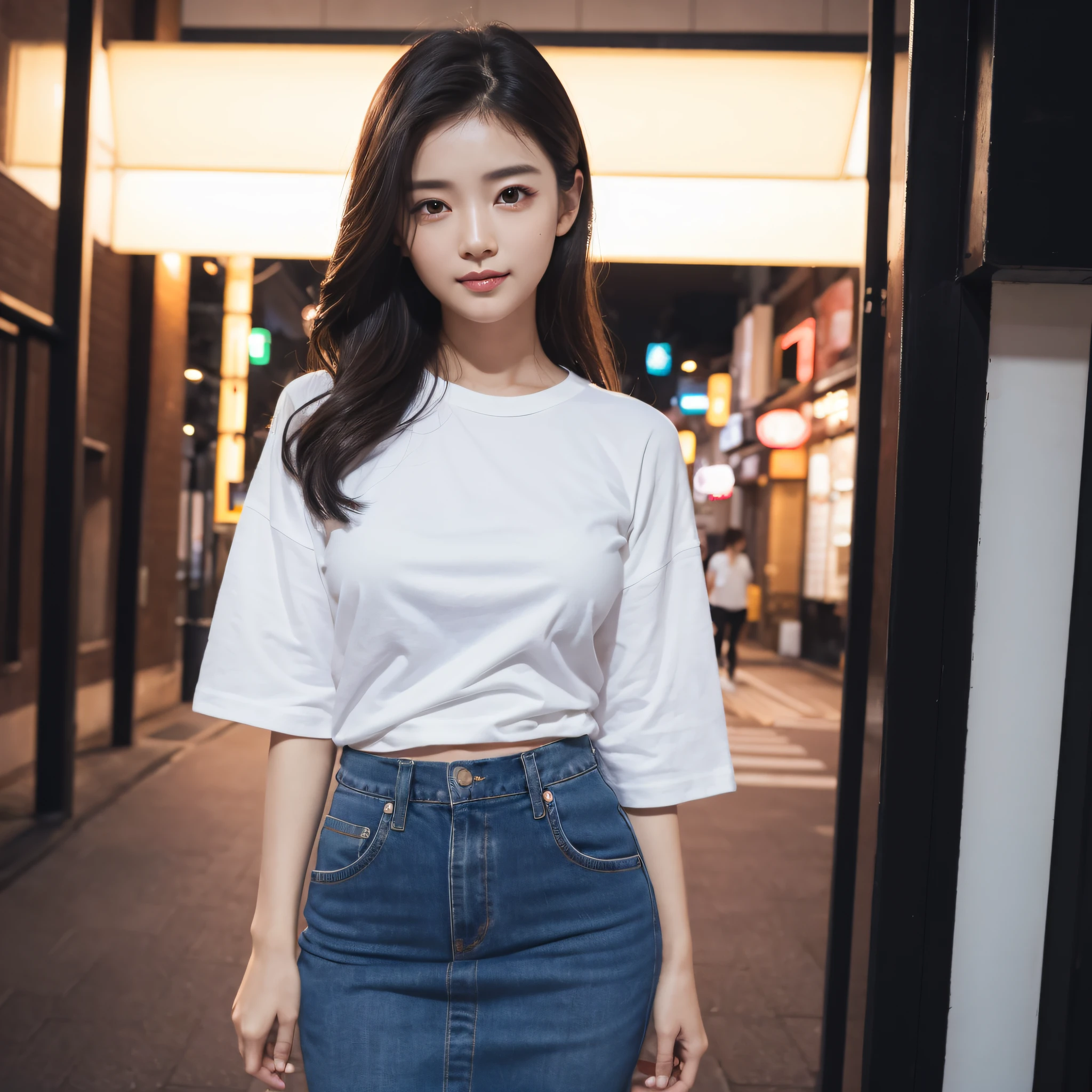 One lady、((best qualtiy、8k masterpieces:1.3))、foco nítido:1.2、(ultra beautiful faces:1.0)、(shinny skin:1.0)、photos realistic、A dark-haired、Video Lighting、High-definition eyes and face、Video Lighting、(Korean Cute Actress)、from the front side、medium breasts、Smile、Slender Abs Beauty、Whole body、wearing t-shirts、in tokyo at night