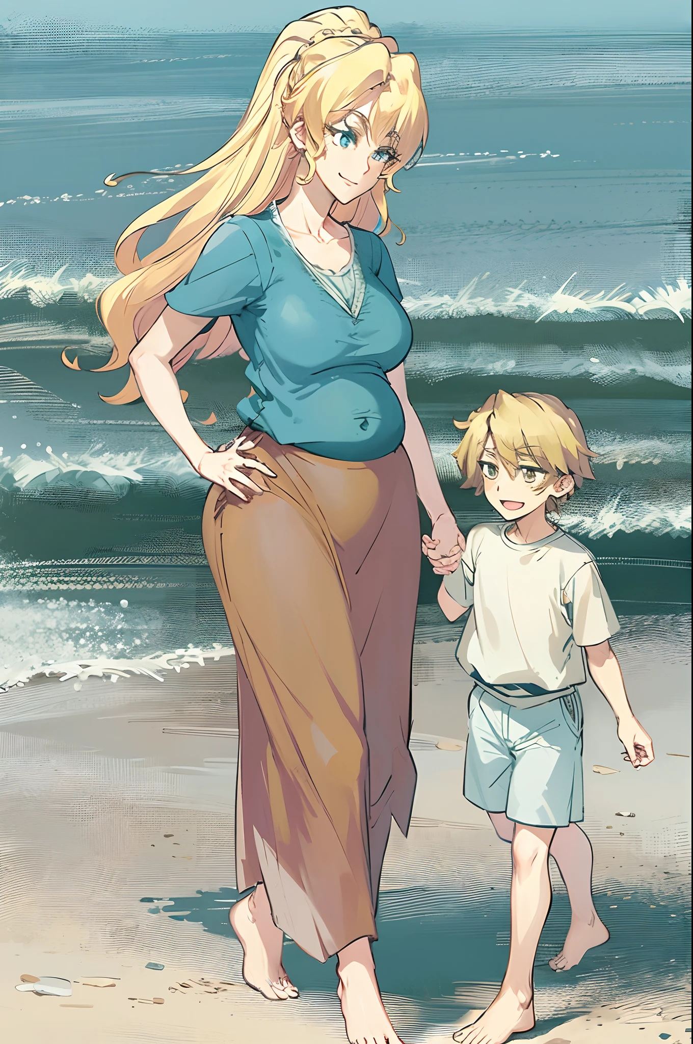 masterpiece, best quality, 1girl, alicetaria,blonde hair, l, mother and son , mom and shota, long hair, ponytail, blue eyes, blue shirt, pleated skirt, solo, simple background, bikini, beach, , alicetaria and son, motherly, walking, family, mother and child,boy, smile ,Pregnant, tall woman, brown hair boy,