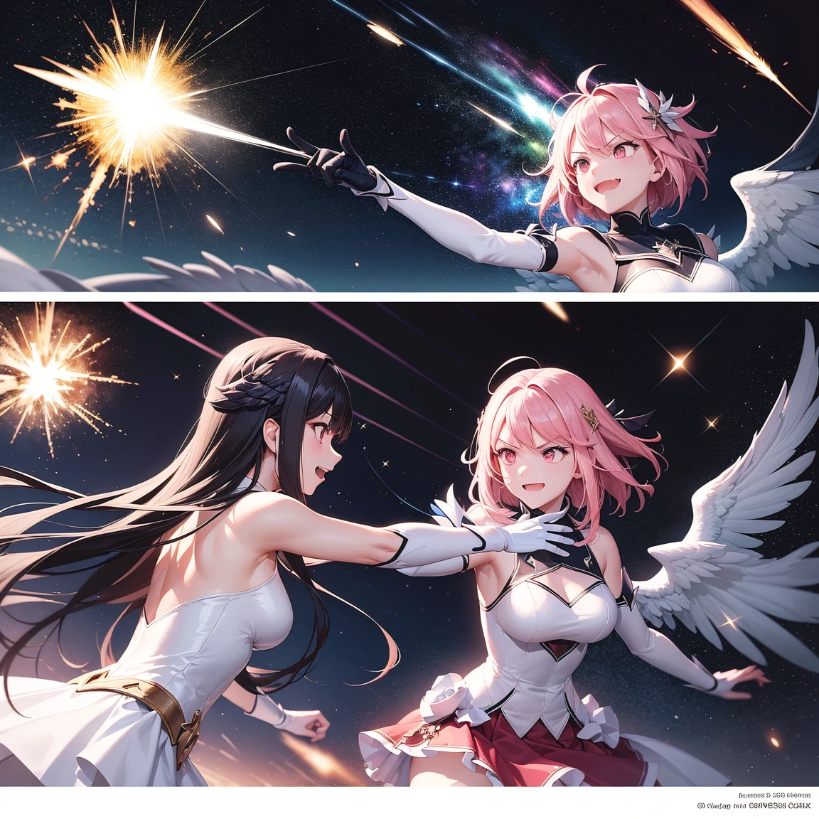 (comic_layout:1.3), (fighting stance:1.2), magical girl, multiple girls, (battle, damaged), face focus, perfect detailed eyes, (sparkle, explosion:1.2), (reflection burst fire), multiple views, growing detailed eyes, angelic eyes, medium hair, brilliant white medium dress, white elbow gloves, luminescence wing hair ornament, skirt, wing brooch, medium breasts, pink hair, pink eyes, pink thigh highs, upper body, sleeveless, (burst into laughter:1.1), disdain, smile, annoyed, (brilliant colorful luminescence effect galaxy background), BREAK (best quality:1.3), (absurd resolution:1.1), (top quality:1.1), masterpiece, high resolution, immensely beautiful, extremely detailed CG, incredibly absurdres, comic