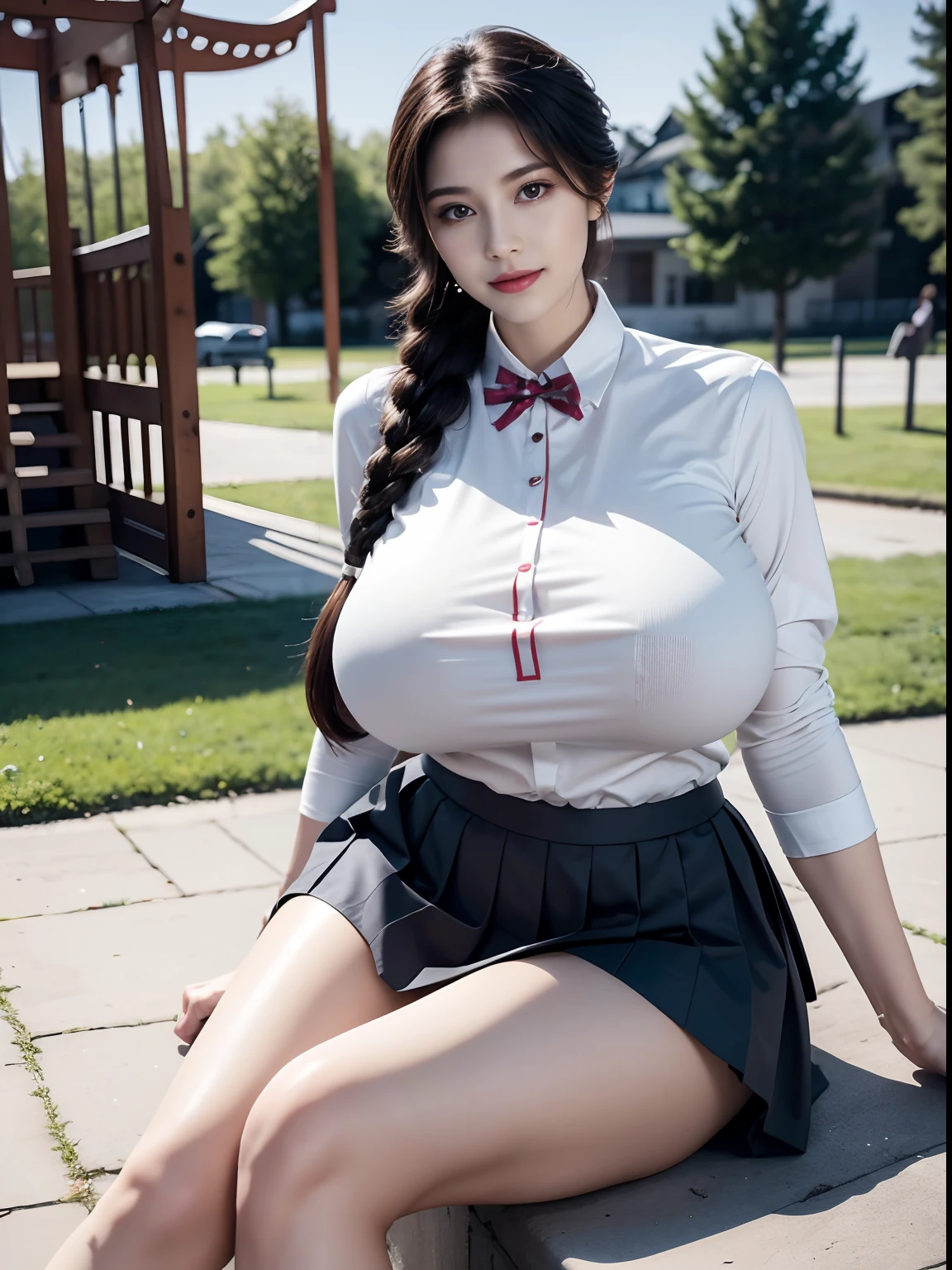 one-girl，Mature temperament，long braid，partedbangs，ssmile，super gigantic breasts，（Muscles throughout the body），（plumw，slightly fat big breasts），gigantic hip，The legs are long，beautiful foot，Wear a tight school uniform，Miniskirt for school，Smooth and delicate skin，Clear muscle contours，Playground background