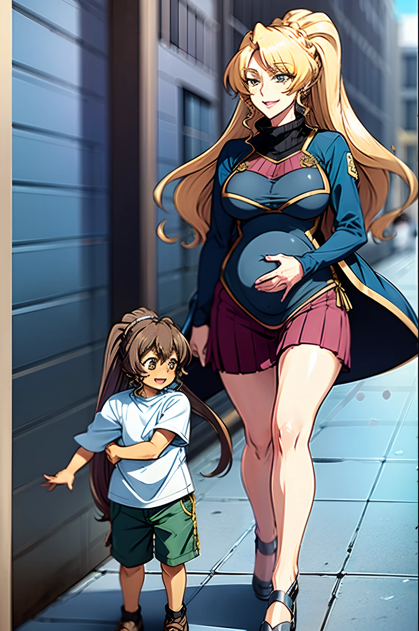 masterpiece, best quality, 1girl, alicetaria,blonde hair, long hair, ponytail, blue eyes, blue shirt, pleated skirt, solo, simple background, bikini, beach, , alicetaria and son, motherly, walking, family, mother and child,boy, smile ,Pregnant, tall woman