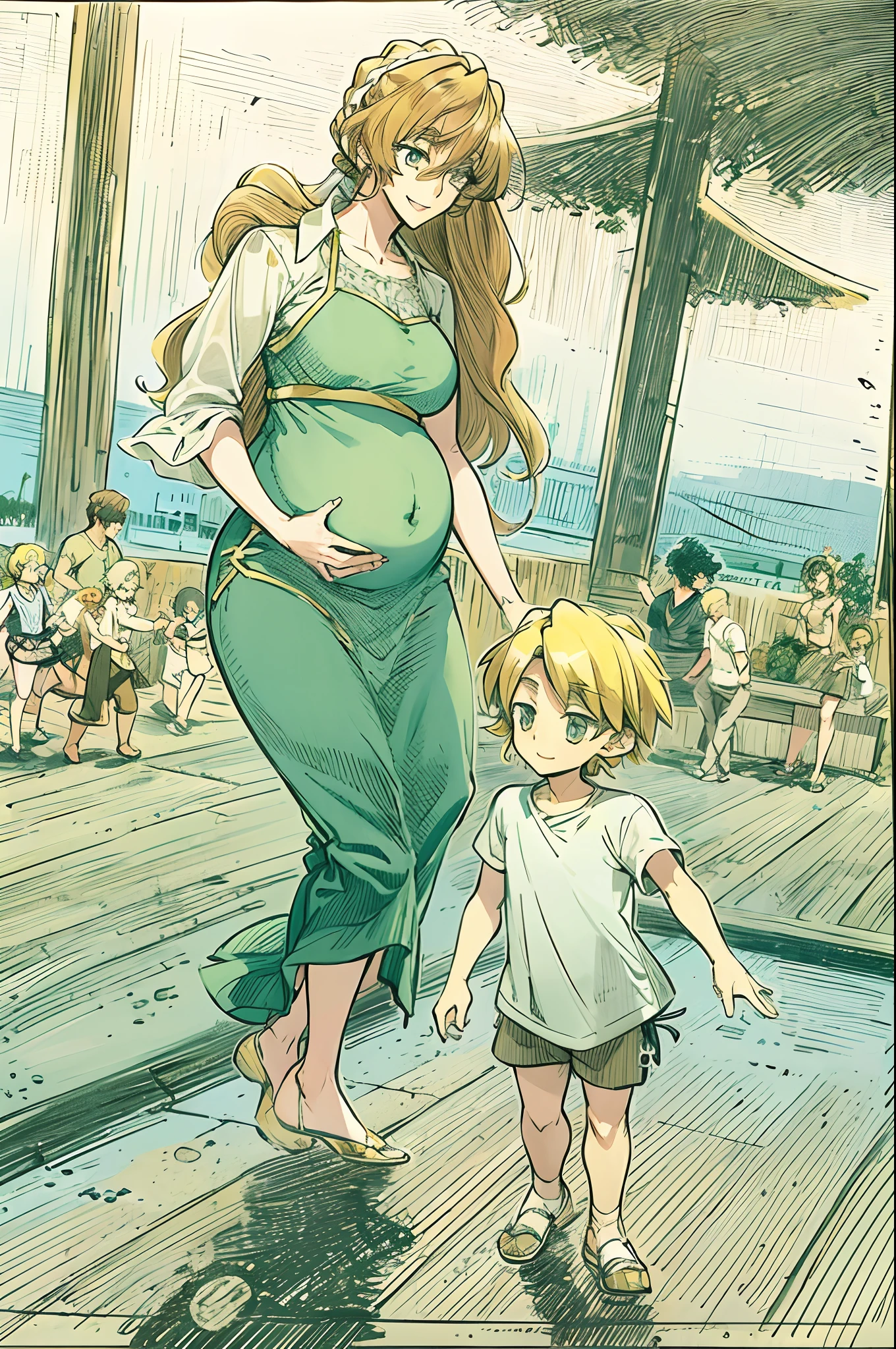 masterpiece, best quality, 1girl, alicetaria,blonde hair, l, mother and son , mom and shota, long hair, ponytail, blue eyes, blue shirt, pleated skirt, solo, simple background, bikini, beach, , alicetaria and son, motherly, walking, family, mother and child,boy, smile ,Pregnant, tall woman, brown hair boy,