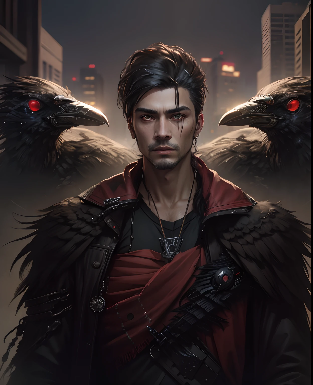 Crow king,hendsome, cyberpunk, realistic face lighting place ,men