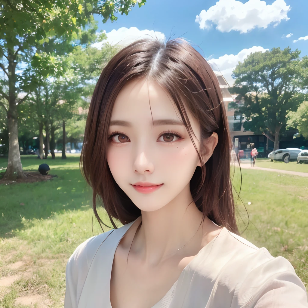 (64k, RAW photo, best quality, masterpiece:1.4), (realistic, photo-realistic:1.3), (20 years old Angel), (1girl:1.5), (medium breasts), show cleavage, Luxurious dresses, (Insanely intricate cute face and eyes), ((face shot:1.2)), especially strong light, (upper eyes), shiny skin, (dark brown hair, semi-long cut:1.2), (flash:1.2), ((seductive posture:1.2, attractive:1.2)), ((good anatomy: 1.2)), perfect face:1.2, portrait, cowboy shot, close up:1.3, (charming smile), makeup, lipgloss, blush cheeks, Detailed teeth, Detailed mouth, a necklace, piercings, Bracelet, break, (in the park)