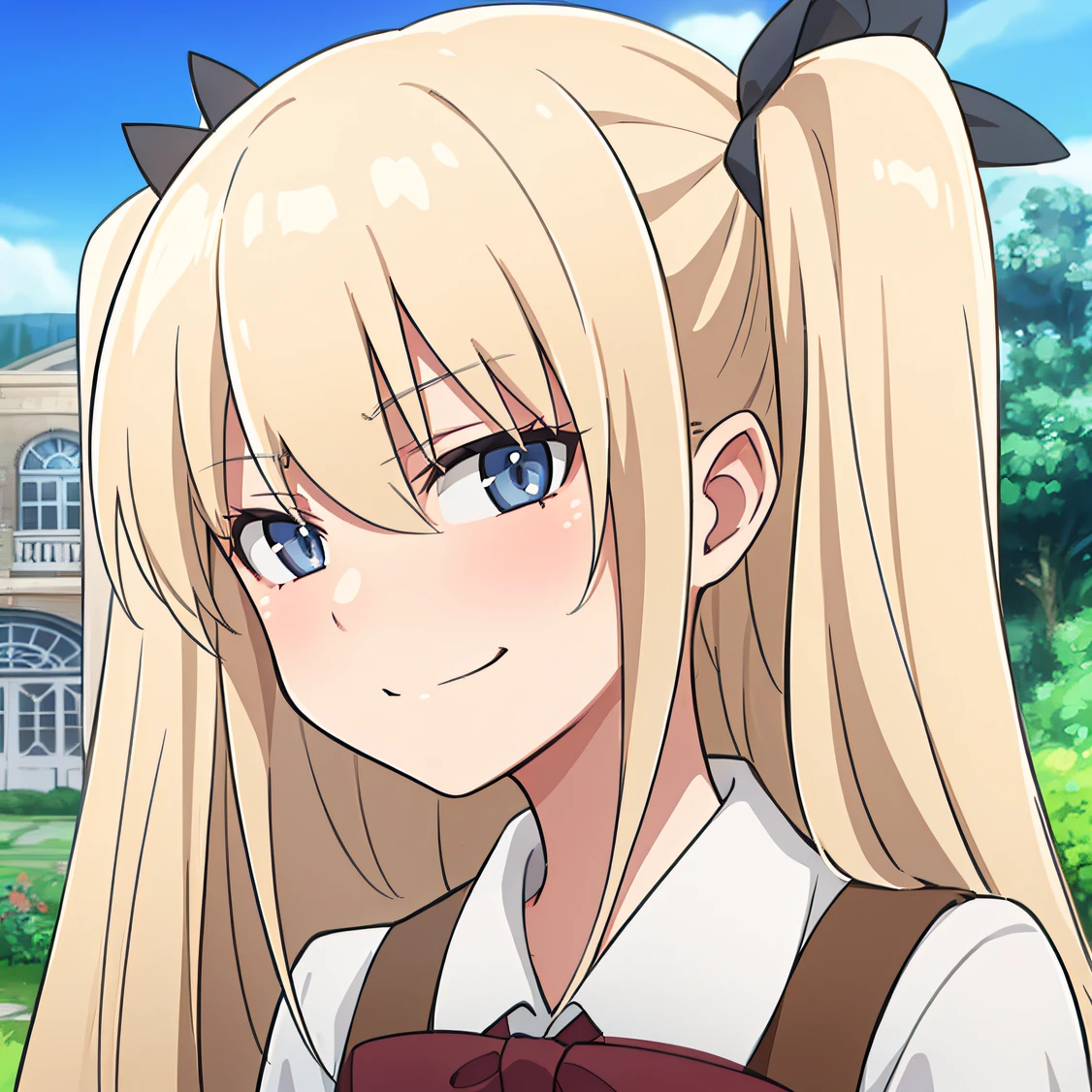 hiquality, tmasterpiece (one girls) blonde woman. sly eyes. Dark bows. ponytails on the hair. gray eyes. white shirt. Red vests. Long bangs. smirk. closed mouth