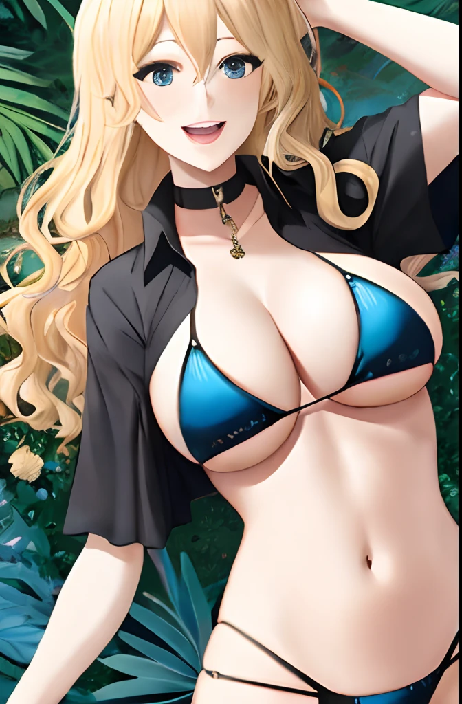 blonde woman fetching butterfly, smile, wavy hair,black and blue bikini, open mouth, right hand raised, black collar, vegetation background