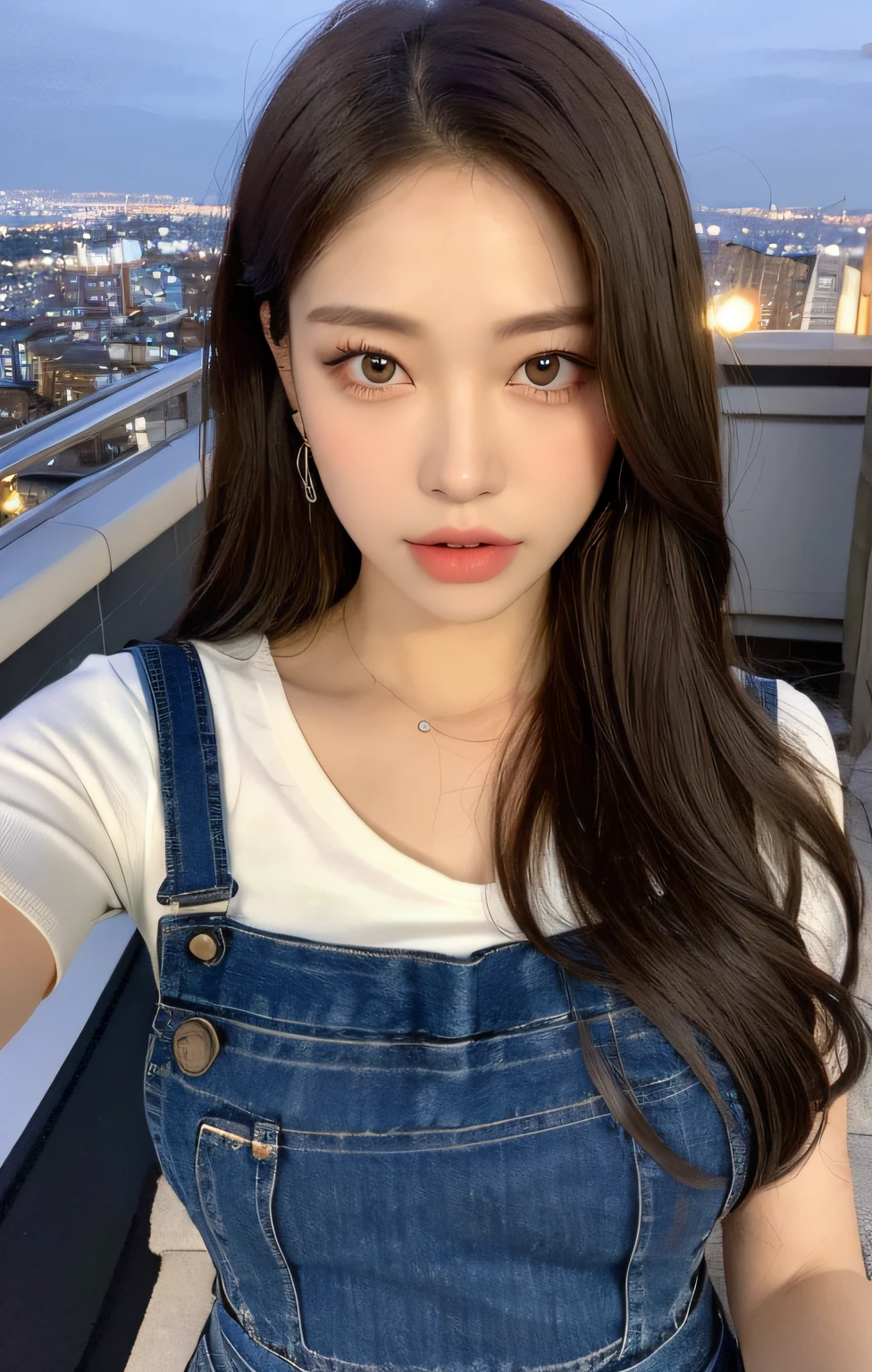 ((Midnight, Best quality, 8k, Masterpiece :1.3)), Whole body, Long legs, Sharp focus :1.2, A pretty woman with perfect figure :1.4, Slender abs :1.1, ((Dark brown hair, Big breasts :1.2)), (White tight tshirt, Jean bib, Standing:1.2), ((Night city view, Rooftop:1.3)), Highly detailed face and skin texture, Detailed eyes, Double eyelid