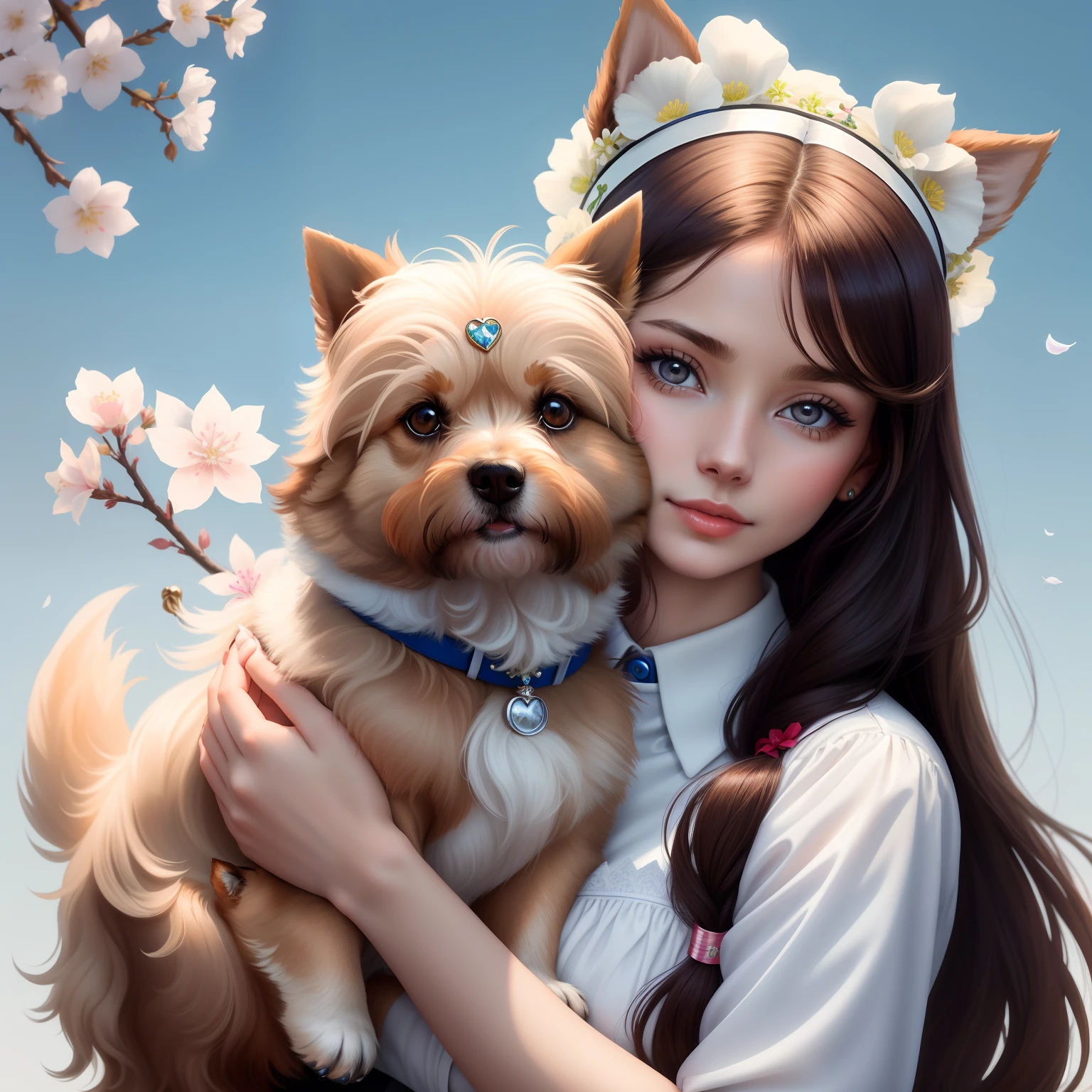 A woman holds a small dog in her arms, Dressed、Dog with cute stiletto heels on head, Behind is a blue background and cherry blossoms, White beautiful flowers, And brilliance, Flower backlight, A girl has one hairpin in her hair, by Emma Andijewska, by Anna Haifisch, aleksandra waliszewska, Holding a Yorkshire Terrier in your arms, eva elfie, angelina stroganova, with dogs, dasha taran, by Zofia Stryjenska, Anna Nikonova, Eva Frankmore, Selfie dog, Ultra high-definition images
