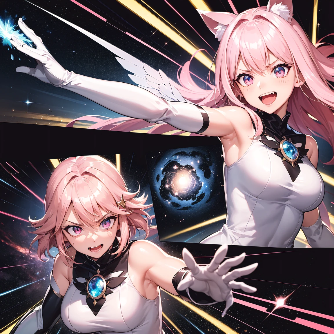 (comic_layout:1.3), (fighting stance:1.2), magical girl, multiple girls, (battle, damaged), face focus, perfect detailed eyes, (sparkle, explosion:1.2), (reflection burst fire), multiple views, growing detailed eyes, angelic eyes, medium hair, brilliant white medium dress, white elbow gloves, luminescence wing hair ornament, skirt, wing brooch, medium breasts, pink hair, pink eyes, pink thigh highs, upper body, sleeveless, (burst into laughter:1.1), disdain, smile, annoyed, (brilliant colorful luminescence effect galaxy background), BREAK (best quality:1.3), (absurd resolution:1.1), (top quality:1.1), masterpiece, high resolution, immensely beautiful, extremely detailed CG, incredibly absurdres, comic