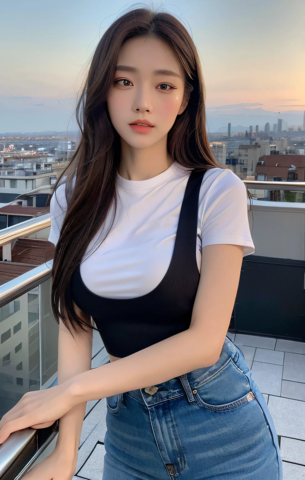 ((Midnight, Best quality, 8k, Masterpiece :1.3)), Whole body, Long legs, Sharp focus :1.2, A pretty woman with perfect figure :1.4, Slender abs :1.1, ((Dark brown hair, Big breasts :1.2)), (White tight tshirt, Jean bib, Standing:1.2), ((Night city view, Rooftop:1.3)), Highly detailed face and skin texture, Detailed eyes, Double eyelid, sunset, darken, backlit, off shoulder