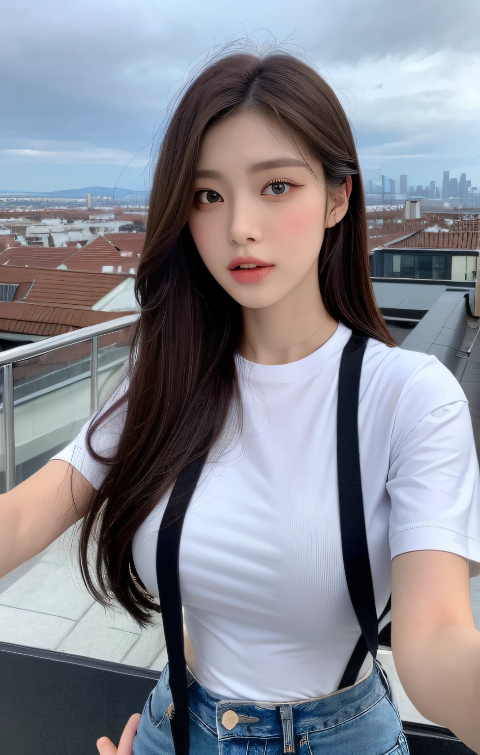 ((Midnight, Best quality, 8k, Masterpiece :1.3)), Whole body, Long legs, Sharp focus :1.2, A pretty woman with perfect figure :1.4, Slender abs :1.1, ((Dark brown hair, Big breasts :1.2)), (White tight tshirt, Jean bib, Standing:1.2), ((Night city view, Rooftop:1.3)), Highly detailed face and skin texture, Detailed eyes, Double eyelid