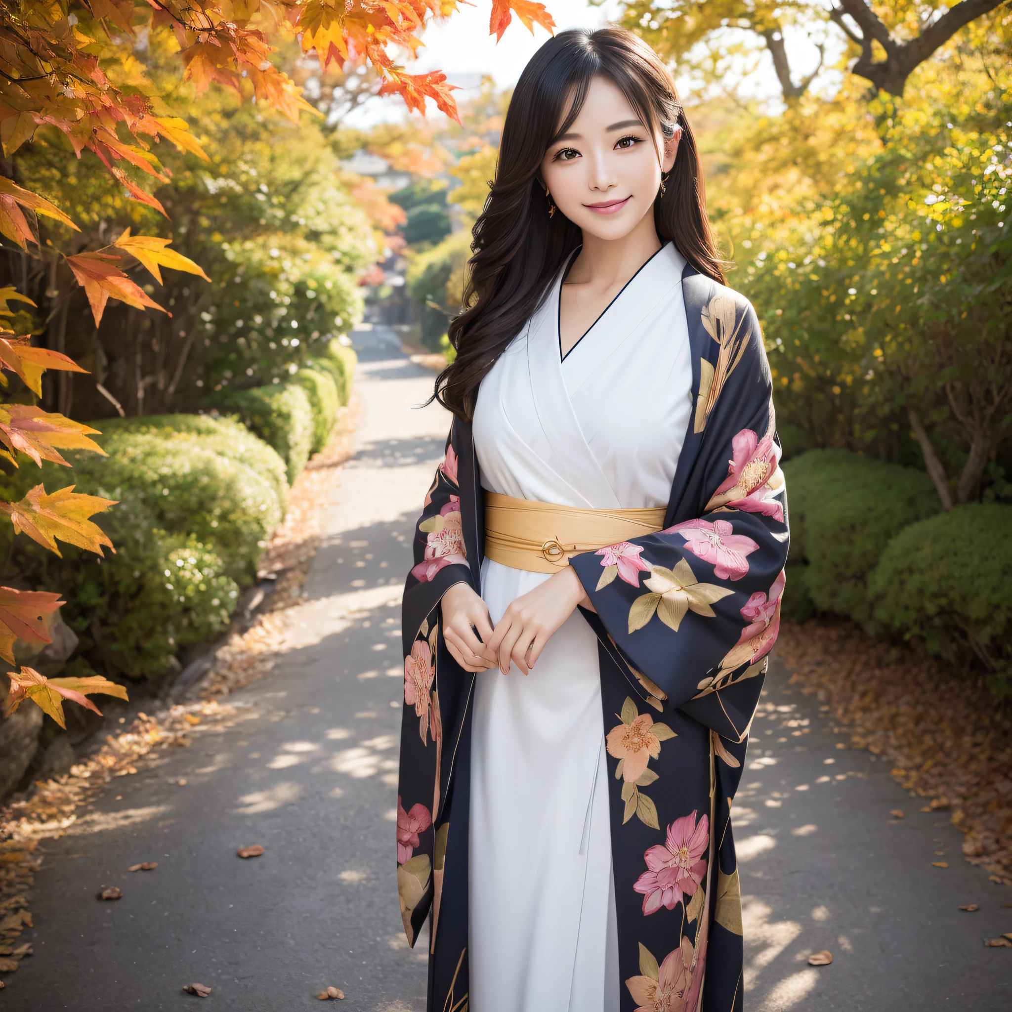 (Super beautiful woman in kimono)、((best qualtiy、8k masterpieces:1.3))、foco nítido:1.2、(ultra beautiful faces:1.0)、(shinny skin:1.0)、photos realistic、A dark-haired、Video Lighting、High-definition eyes and face、Video Lighting、Japanese actressl、from the front side、medium breasts、With a happy smile、wearing kimonos、Under the autumn leaves、