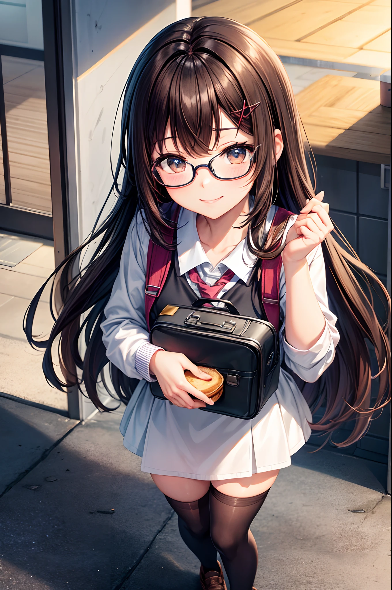 lunch box, Describes the entire body, Hand over the lunch box with both hands, Location: School Clog Box, blush, Wear black knee-high socks that go all the way up to the thigh., over-rim eyewear, x hair ornament, hair dyed brown, Describes a small area, smile, anime style, anime, best quality, super detail, textured skin, UHD, 4K