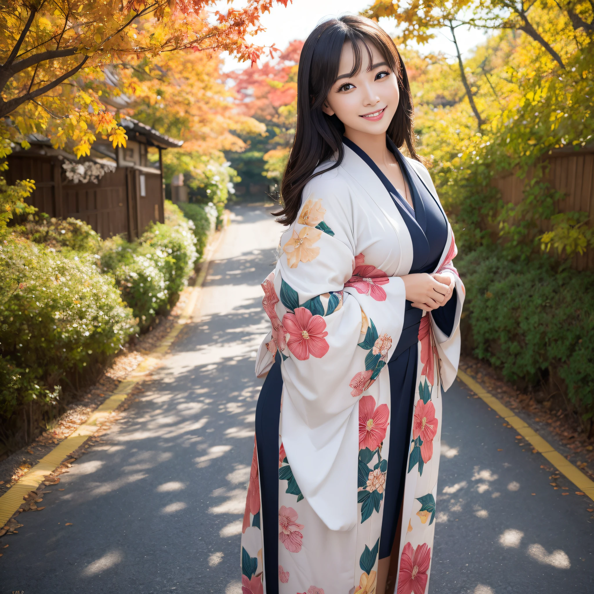 (Super beautiful woman in kimono)、((best qualtiy、8k masterpieces:1.3))、foco nítido:1.2、(ultra beautiful faces:1.0)、(shinny skin:1.0)、photos realistic、A dark-haired、Video Lighting、High-definition eyes and face、Video Lighting、Japanese actressl、from the front side、medium breasts、With a happy smile、wearing kimonos、Under the autumn leaves、