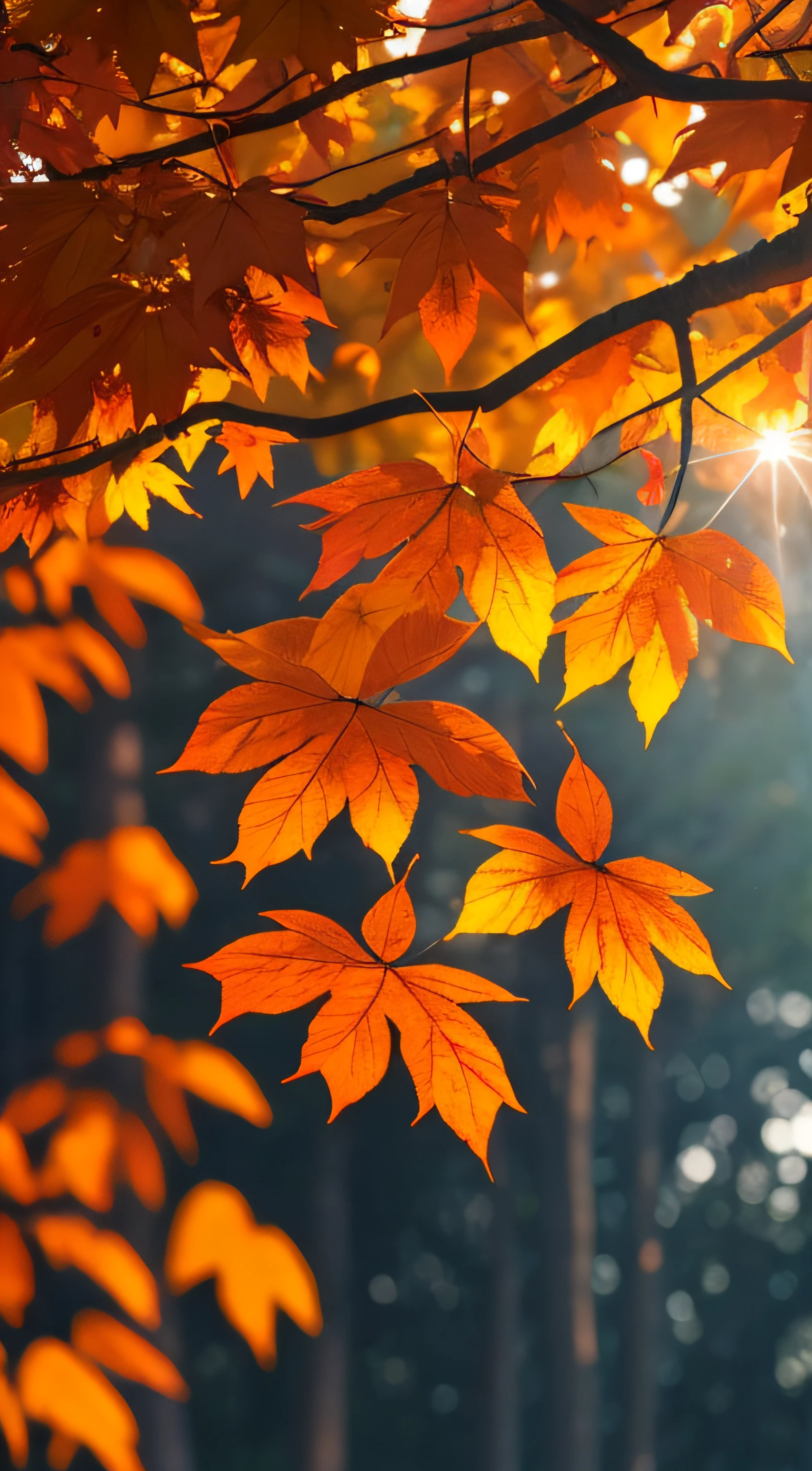 Autumn evening,Branches in the sun,Hang sunlight on the leaves,photorealestic,natural soft light,hyper-detailing,4k