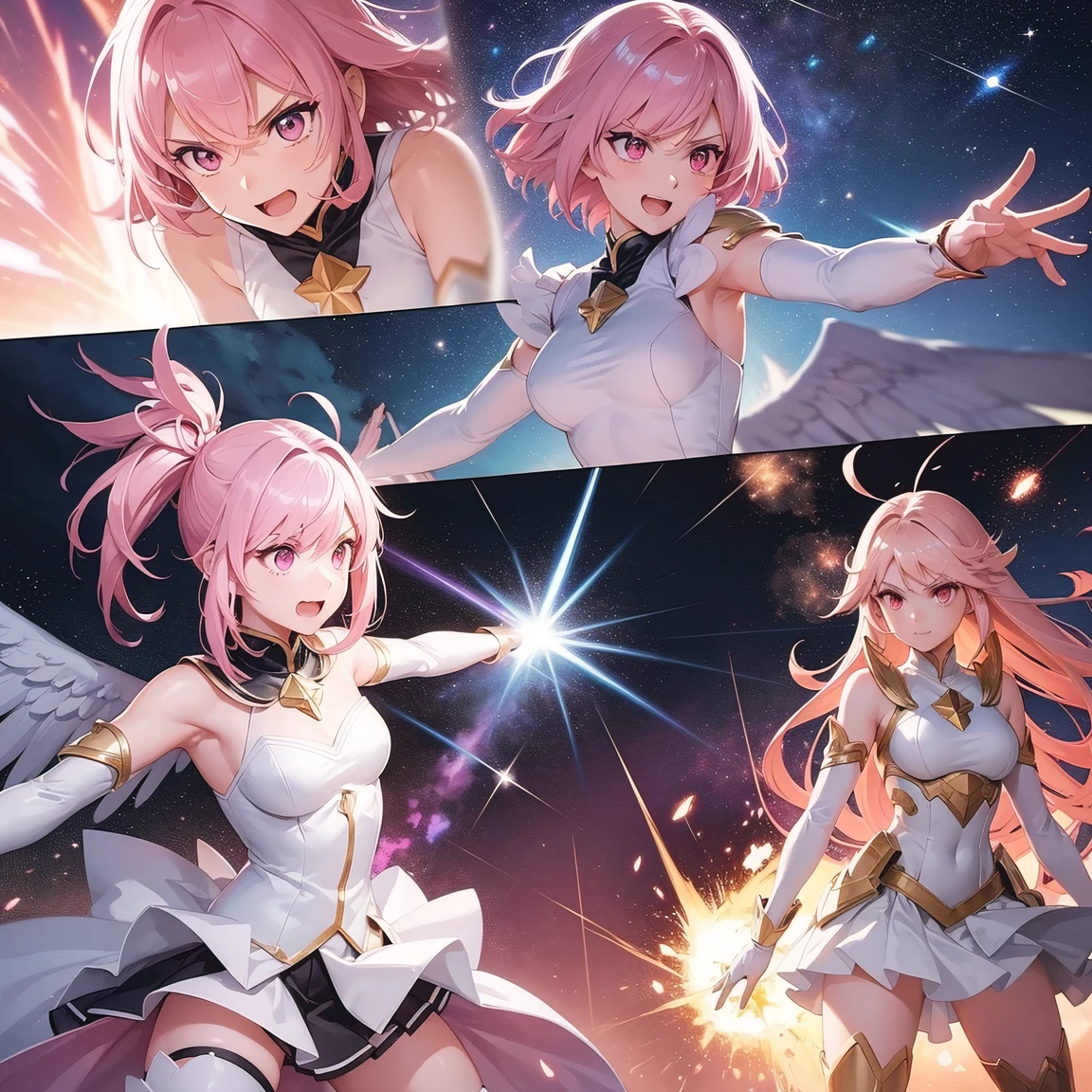 (comic_layout:1.3), (fighting stance:1.2), magical girl, multiple girls, (battle, damaged), face focus, perfect detailed eyes, (sparkle, explosion:1.2), (reflection burst fire), multiple views, growing detailed eyes, angelic eyes, medium hair, brilliant white medium dress, white elbow gloves, luminescence wing hair ornament, skirt, wing brooch, medium breasts, pink hair, pink eyes, pink thigh highs, upper body, sleeveless, (burst into laughter:1.1), disdain, smile, annoyed, (brilliant colorful luminescence effect galaxy background), BREAK (best quality:1.3), (absurd resolution:1.1), (top quality:1.1), masterpiece, high resolution, immensely beautiful, extremely detailed CG, incredibly absurdres, comic