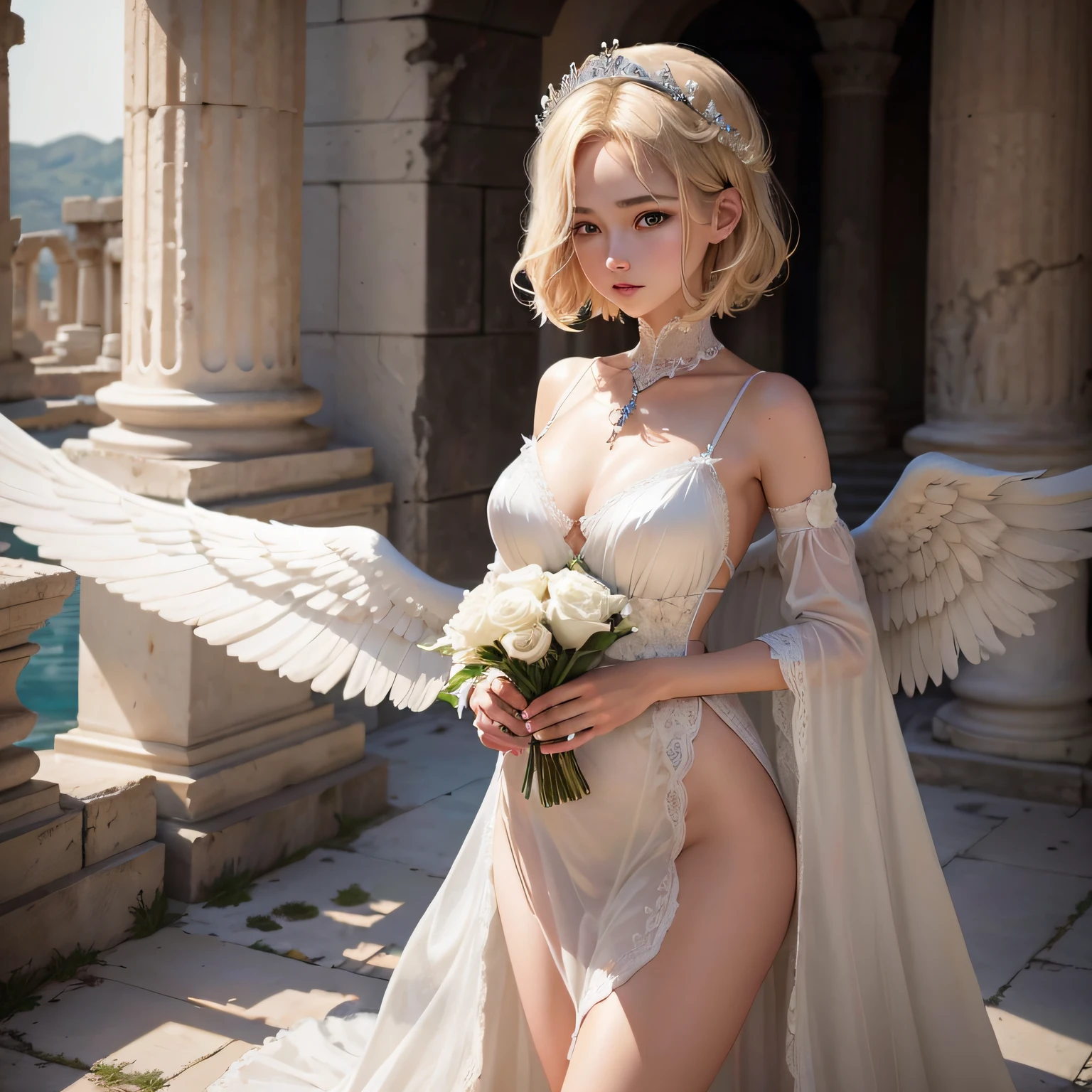 Decaying Ancient Greek Ruins、Only the pillars remain、In front of the fountain、White fairies fly a lot、8K、realphoto、超A high resolution, Master Parts, Best Quality, nffsw , cinematic images,Lovely girl、ann、18year old、Anglo-Saxon、二重まぶた、drooing eyes、 ighly detailed , a blond、Straight short hair、 Sweet look 、thin lipss ,a very beautiful woman、legs are long、bare-legged、 Very clear shadows , jewely , A sexy , A detailed eye, very intricate, shiny skins , Perfect Brilliant, Perfect Lighting, Dramatic shadows ,White tiara on head、Greek see-through white dress、large wings of white angel wings from the shoulders,、White bouquet holding with both hands